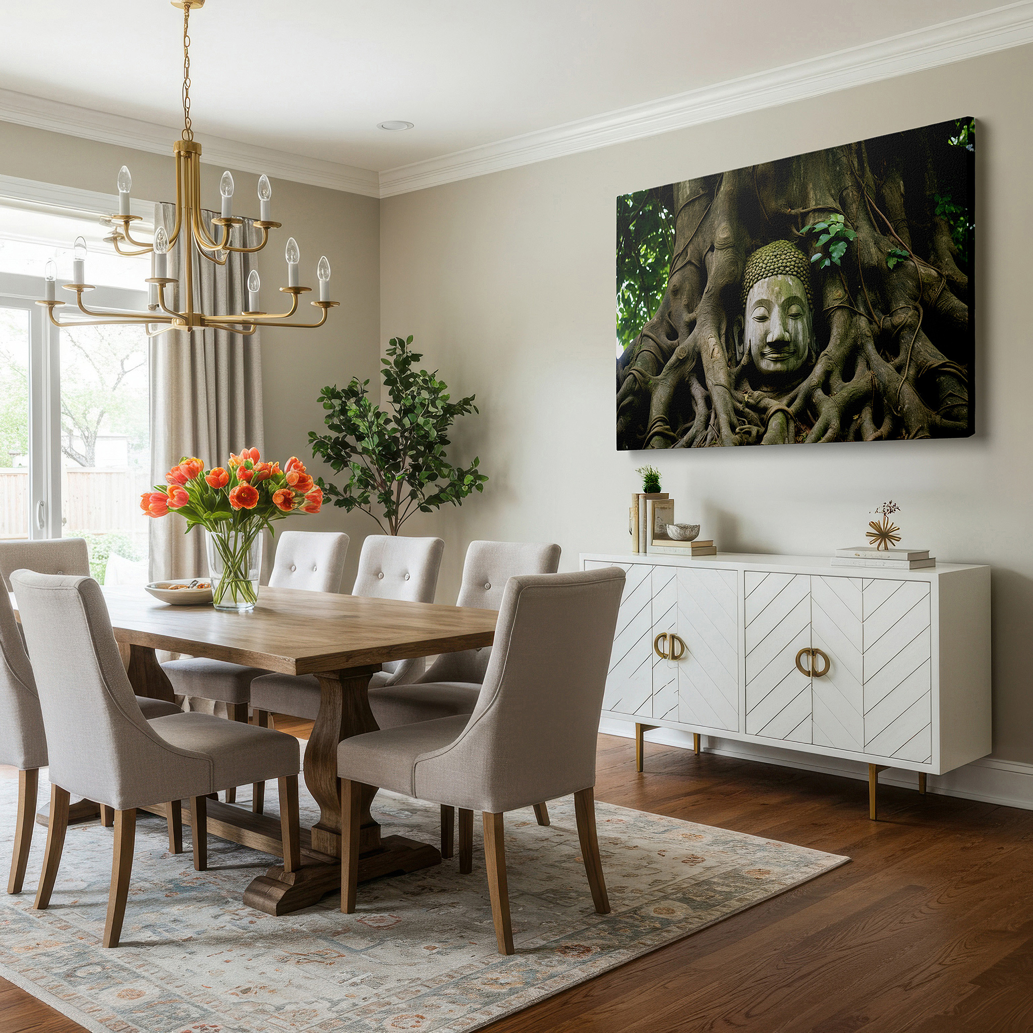 Featured in a dining room with dark wood furniture and candlelight — serene buddha amidst ancient roots - tranquility and wisdom themed large wall art, canvas wall art, wall decor for office and bedroom