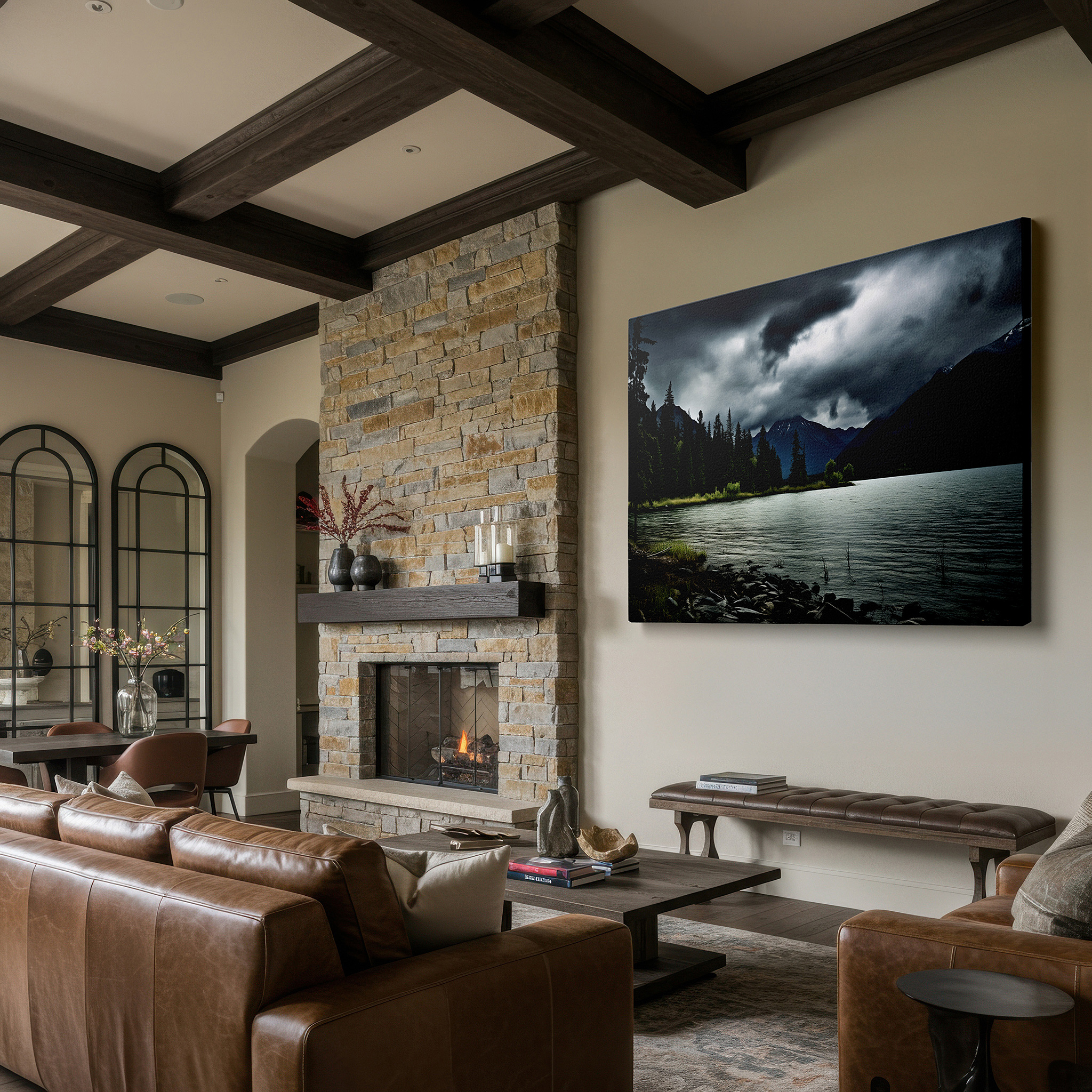 Featured in a dining room with dark wood furniture and candlelight — serene lake against stormy skies, majestic mountains beneath ominous clouds large wall art, canvas wall art, wall decor, office wall art, bedroom wall art