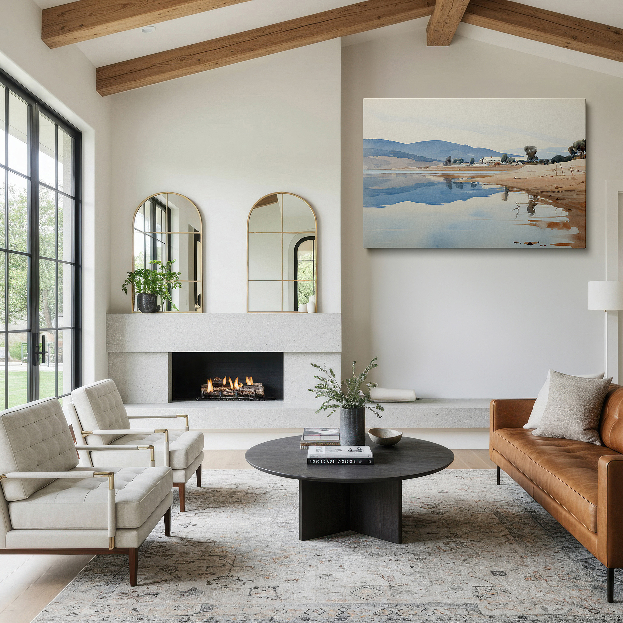 Featured in a dining room with dark wood furniture and candlelight — serene lakeside at dawn: ethereal reflections of soft hues in tranquil waters - large canvas wall art for office and bedroom decor