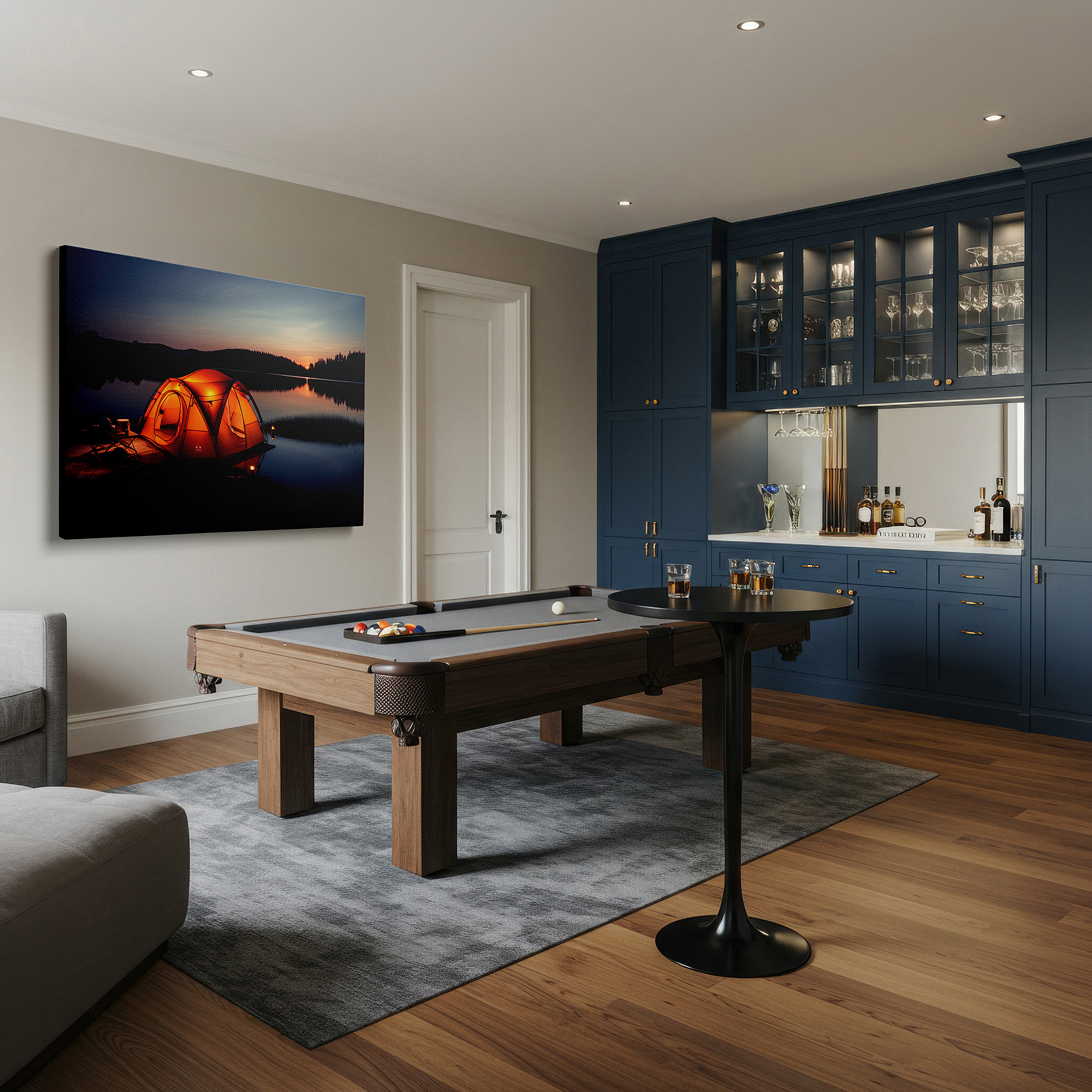 Featured in a dining room with dark wood furniture and candlelight — serene lakeside escape featuring a bright orange tent under twilight skies - large wall art, canvas wall art, wall decor for office and bedroom