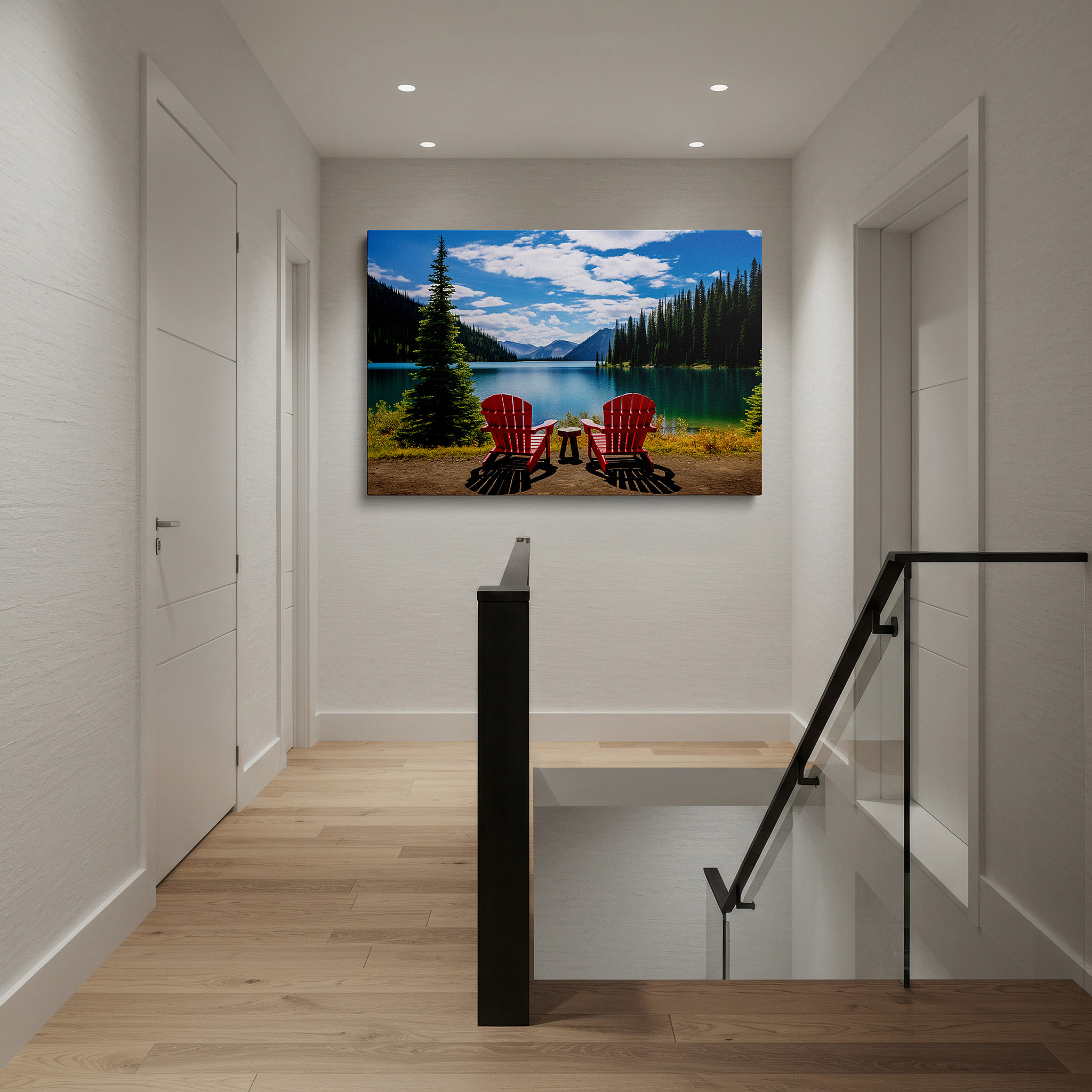Featured in a dining room with dark wood furniture and candlelight — serene lakeside escape featuring red lounge chairs surrounded by verdant foliage: large wall art, canvas wall art, wall decor for office and bedroom