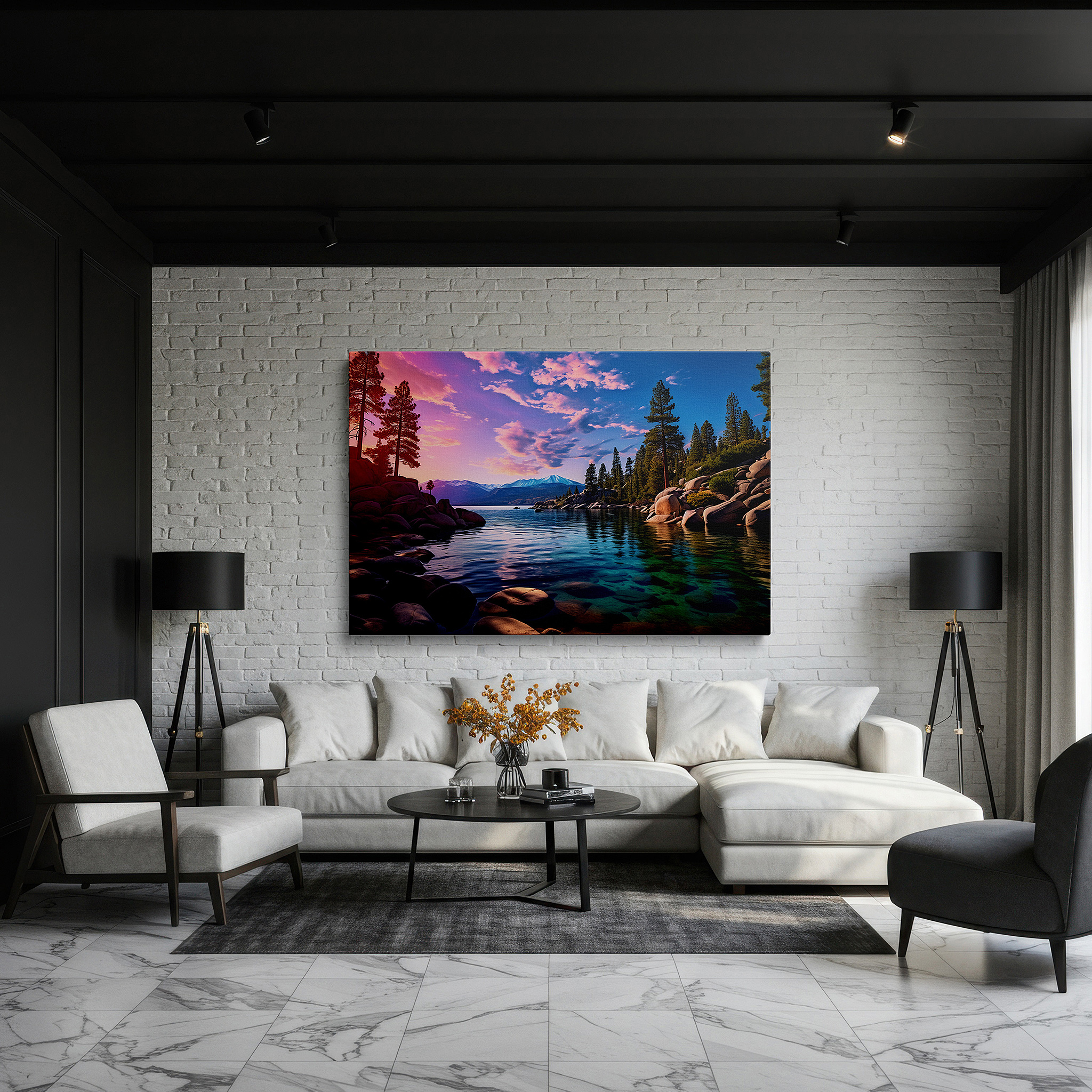 Featured in a dining room with dark wood furniture and candlelight — serene lakeside sunset: a tranquil reflection of nature's fiery palette - large canvas wall art for home and office decor