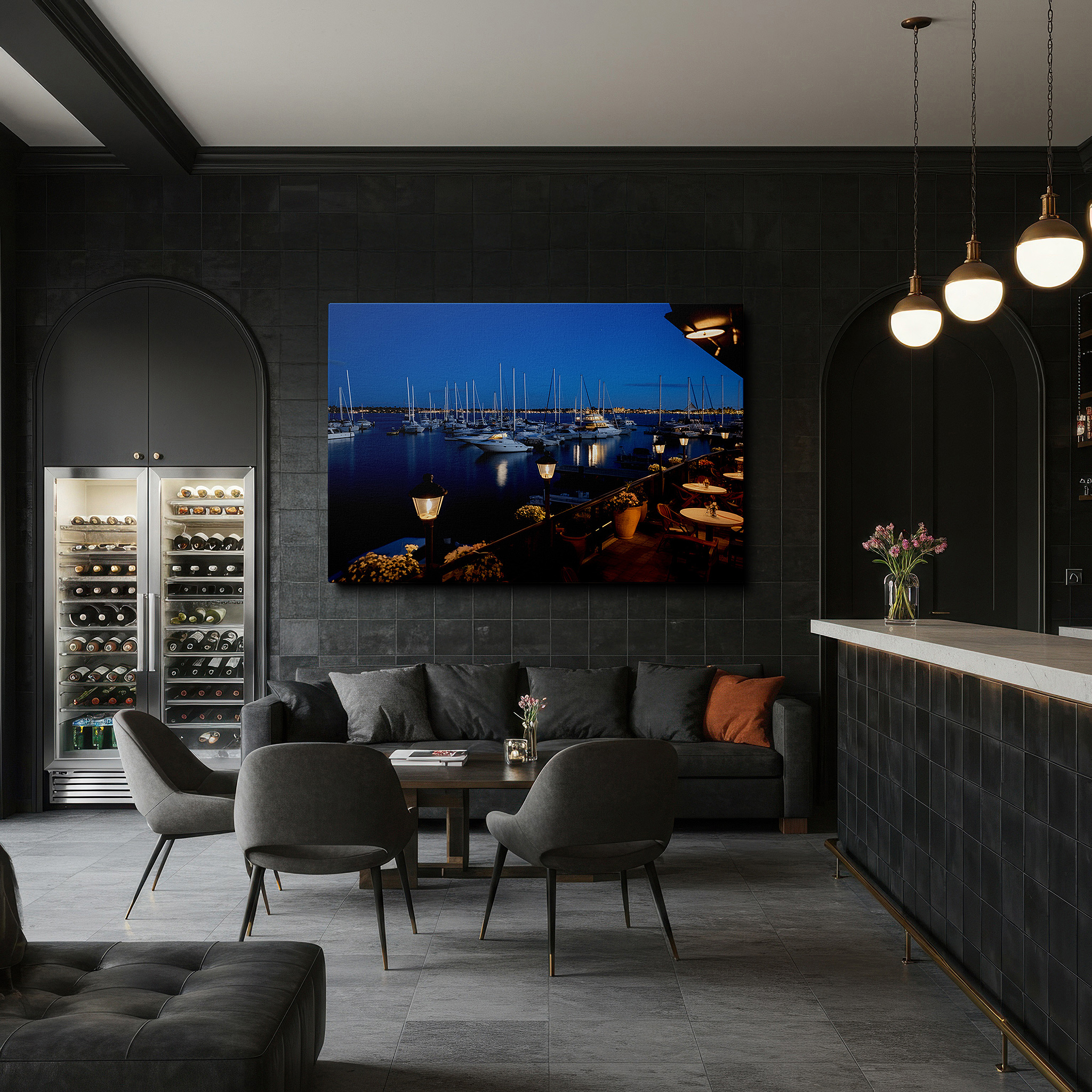 Featured in a dining room with dark wood furniture and candlelight — serene nighttime marina canvas print featuring starlit sky and elegant yachts - ideal for office, bedroom, and living room wall decor