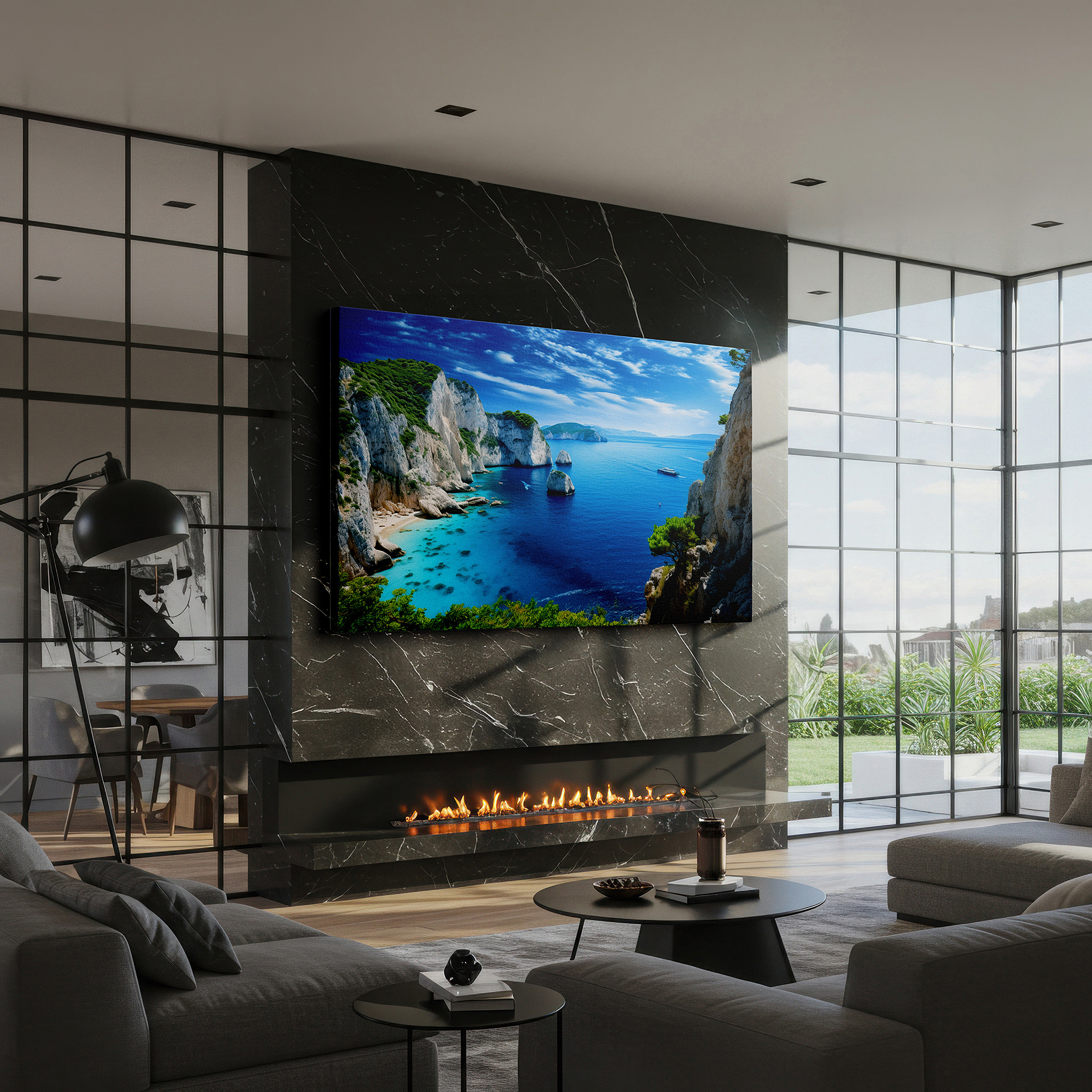 Featured in a dining room with dark wood furniture and candlelight — serene seaside day: majestic cliffs and tranquil waters - large wall art for living room, bedroom, or office decor