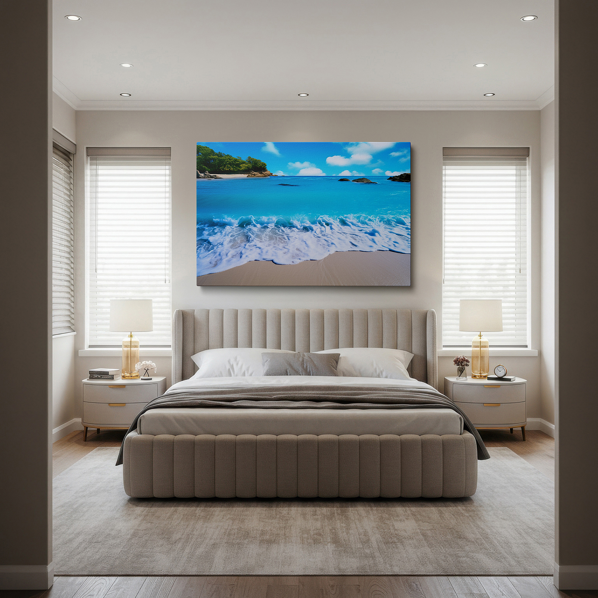 Featured in a dining room with dark wood furniture and candlelight — serene tropical paradise wall art featuring crystal-clear waters and pristine sands - perfect for office or bedroom decor