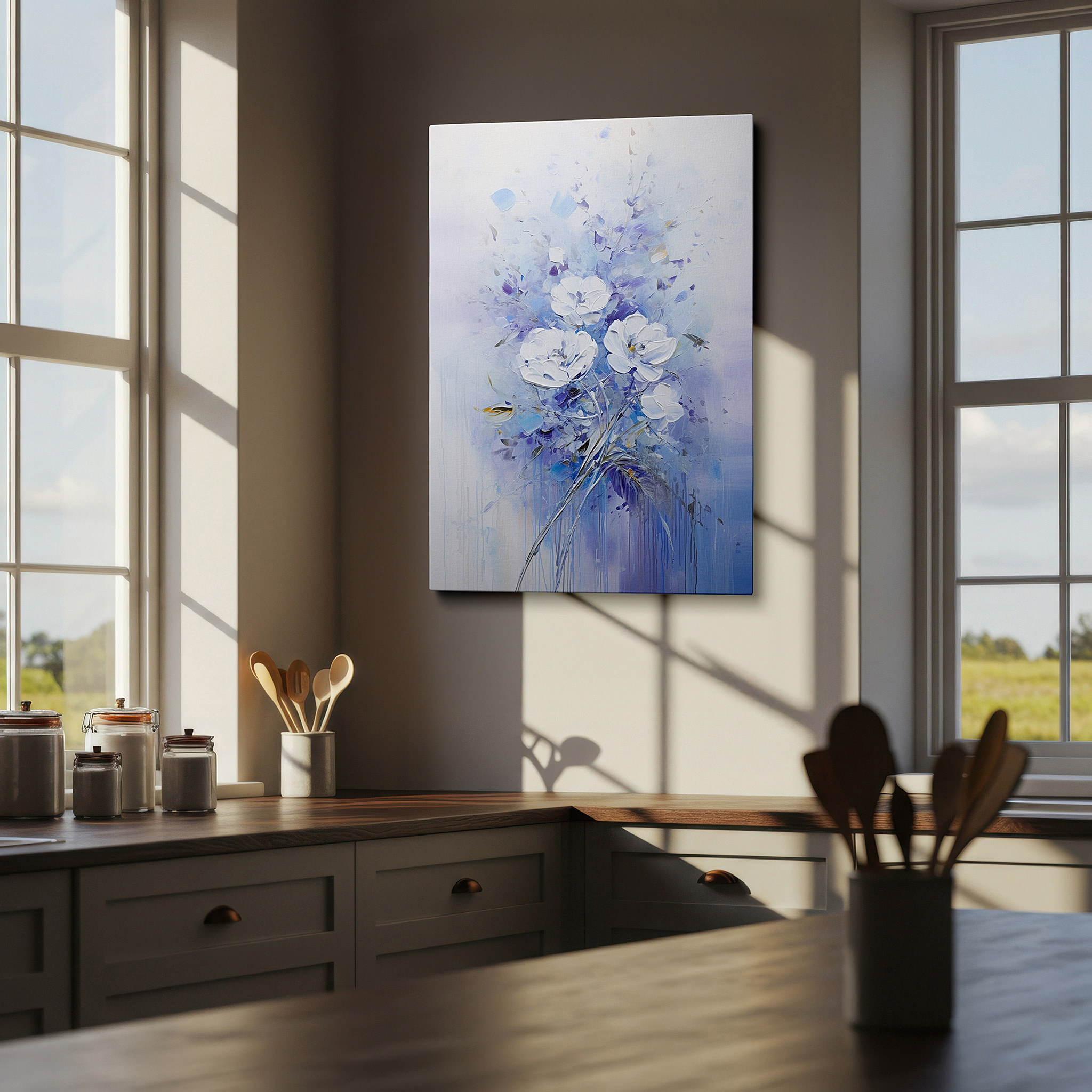 Featured in a dining room with dark wood furniture and candlelight — serene white flowers on soft purple background - large canvas wall art for office decor