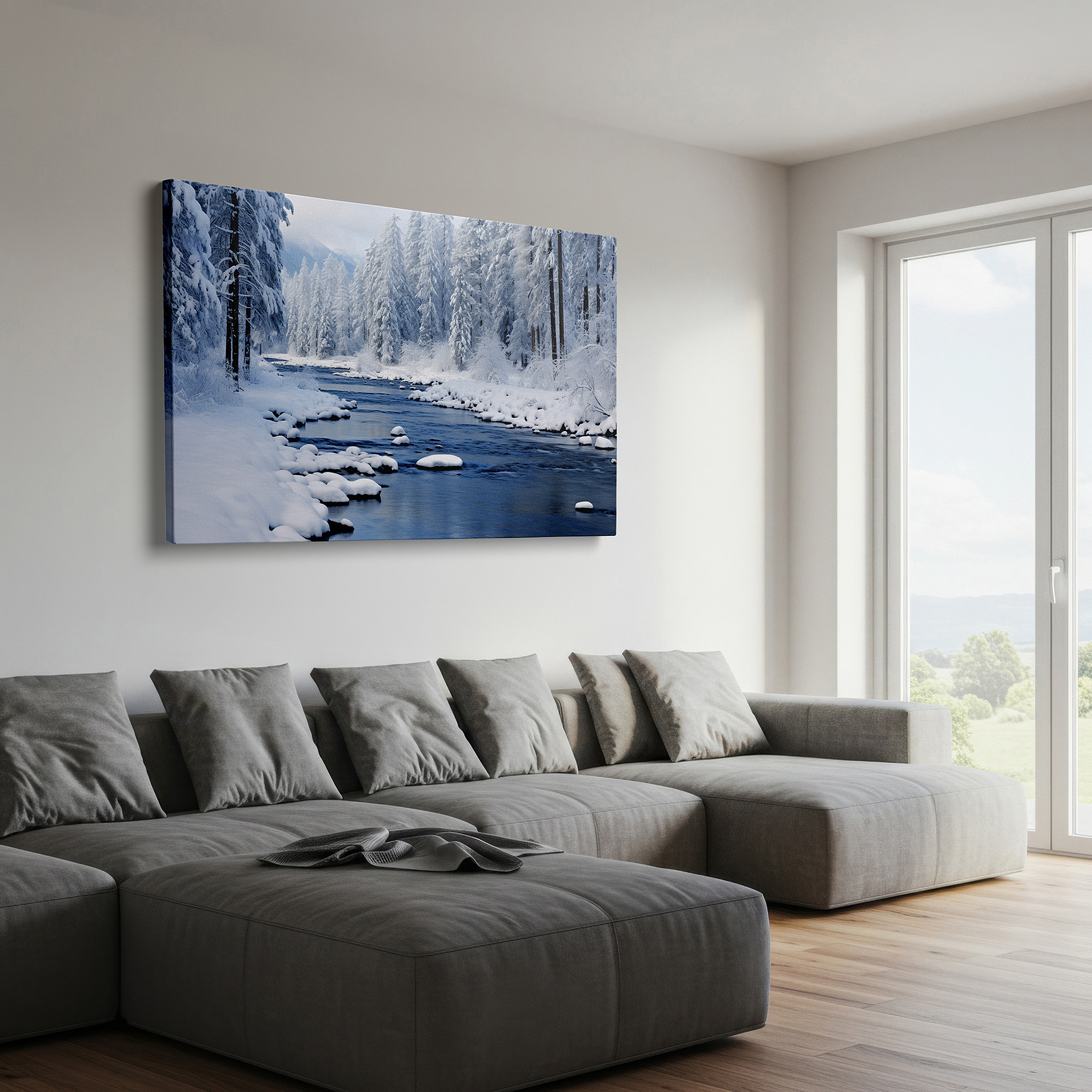 Featured in a dining room with dark wood furniture and candlelight — serene winter river with snow-covered pines large wall art, canvas wall decor for office, bedroom, and living room