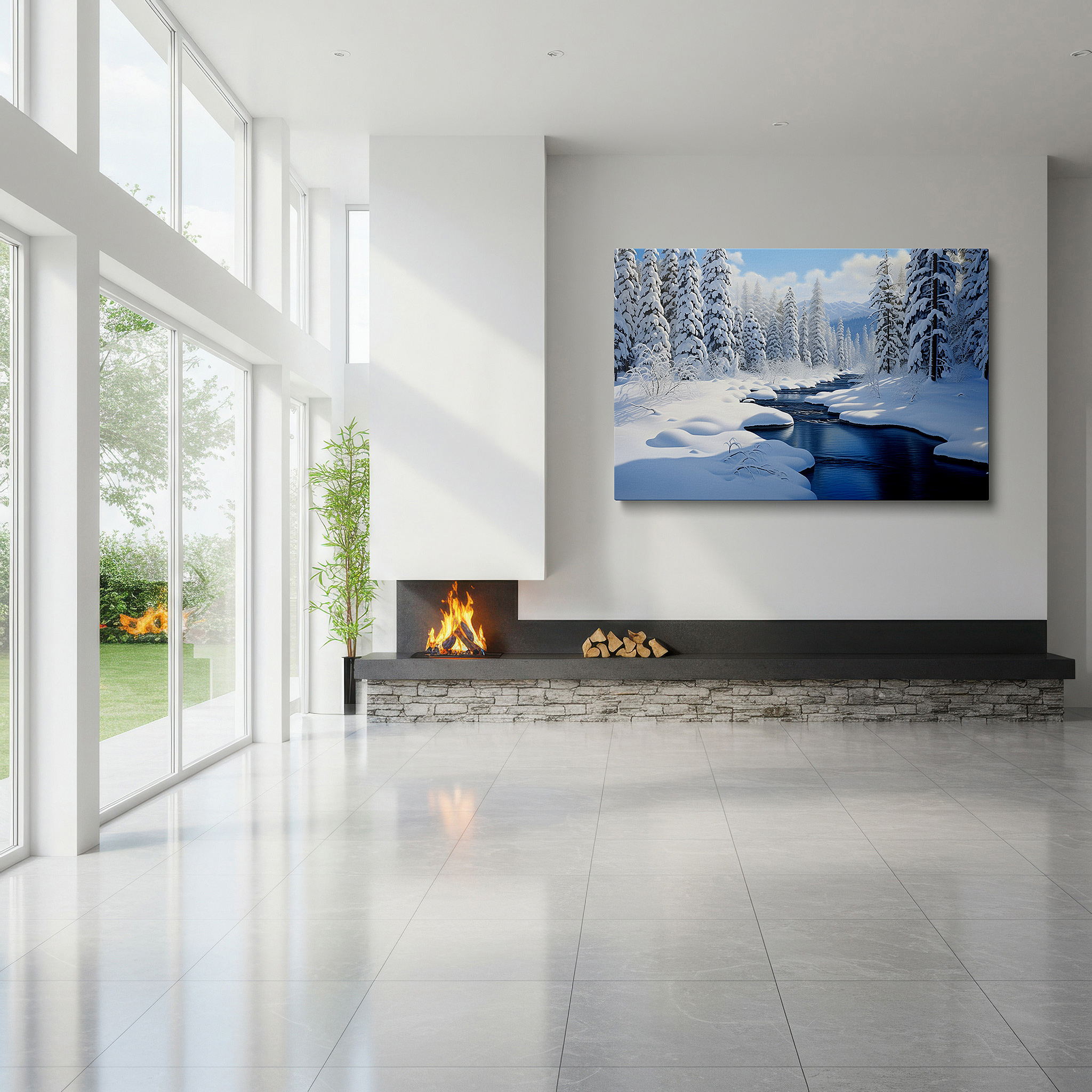 Featured in a dining room with dark wood furniture and candlelight — serene winter wonderland canvas wall art featuring snow-covered pines and icy stream, perfect for office, living room, or bedroom decor