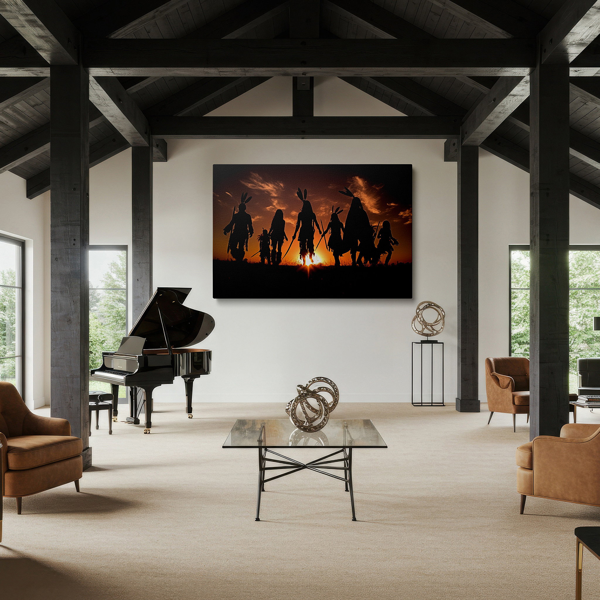 Featured in a dining room with dark wood furniture and candlelight — silhouettes dancing against a fiery sunset: a celebration of unity and joy - large canvas wall art for home and office decor