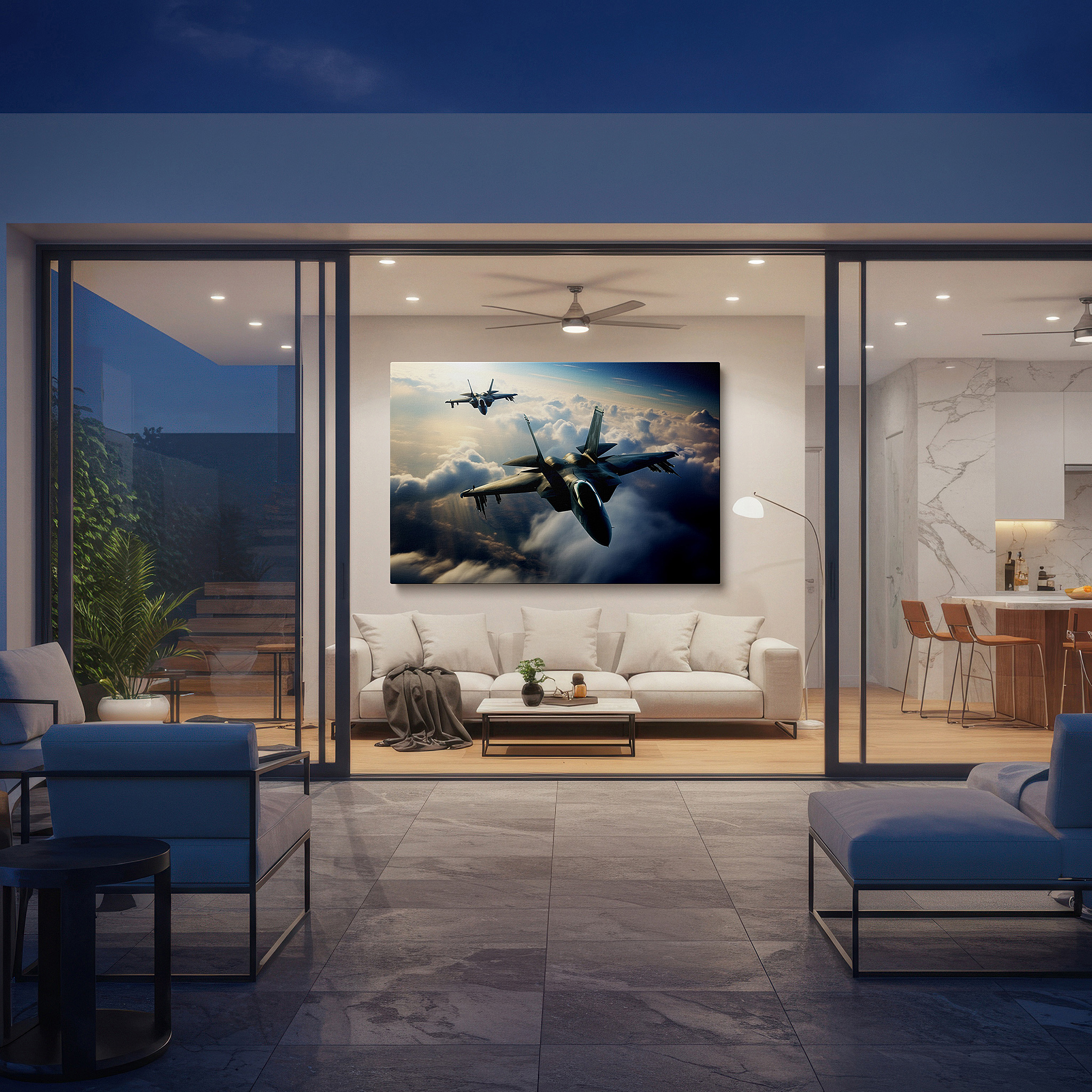 Featured in a dining room with dark wood furniture and candlelight — soaring jets among golden clouds - celebrating aviation and technological wonders large wall art, canvas wall art, wall decor, office wall art