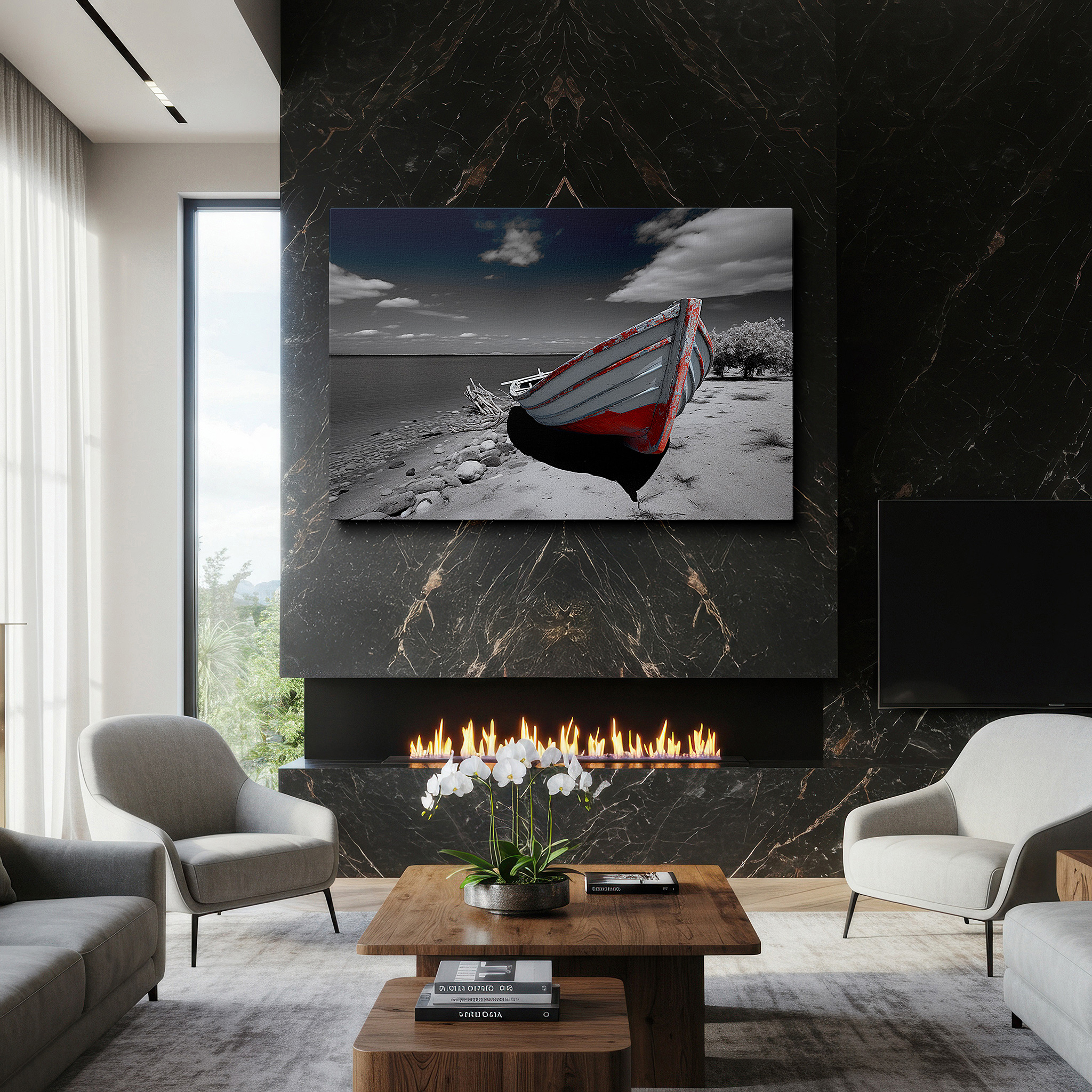 Featured in a dining room with dark wood furniture and candlelight — solitary boat on peaceful beach - embodying quiet abandonment and eternal solitude, large wall art, canvas wall art, wall decor for office