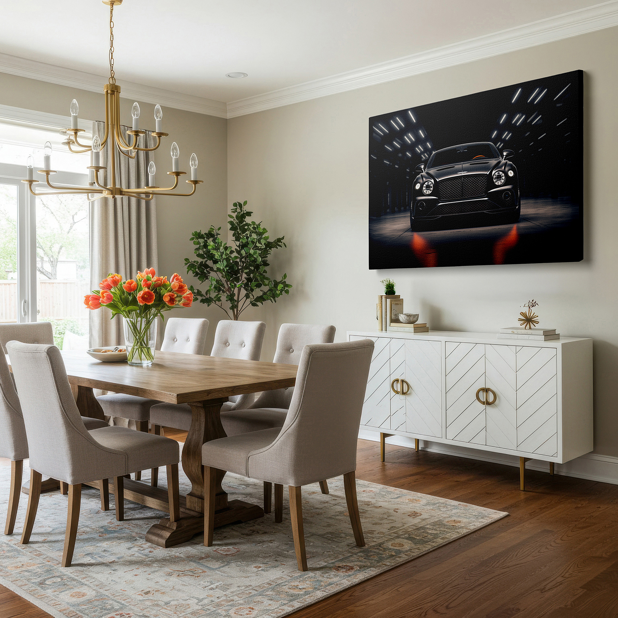 Featured in a dining room with dark wood furniture and candlelight — sophisticated black luxury car in a dimly-lit garage: large wall art, canvas wall art, wall decor for office