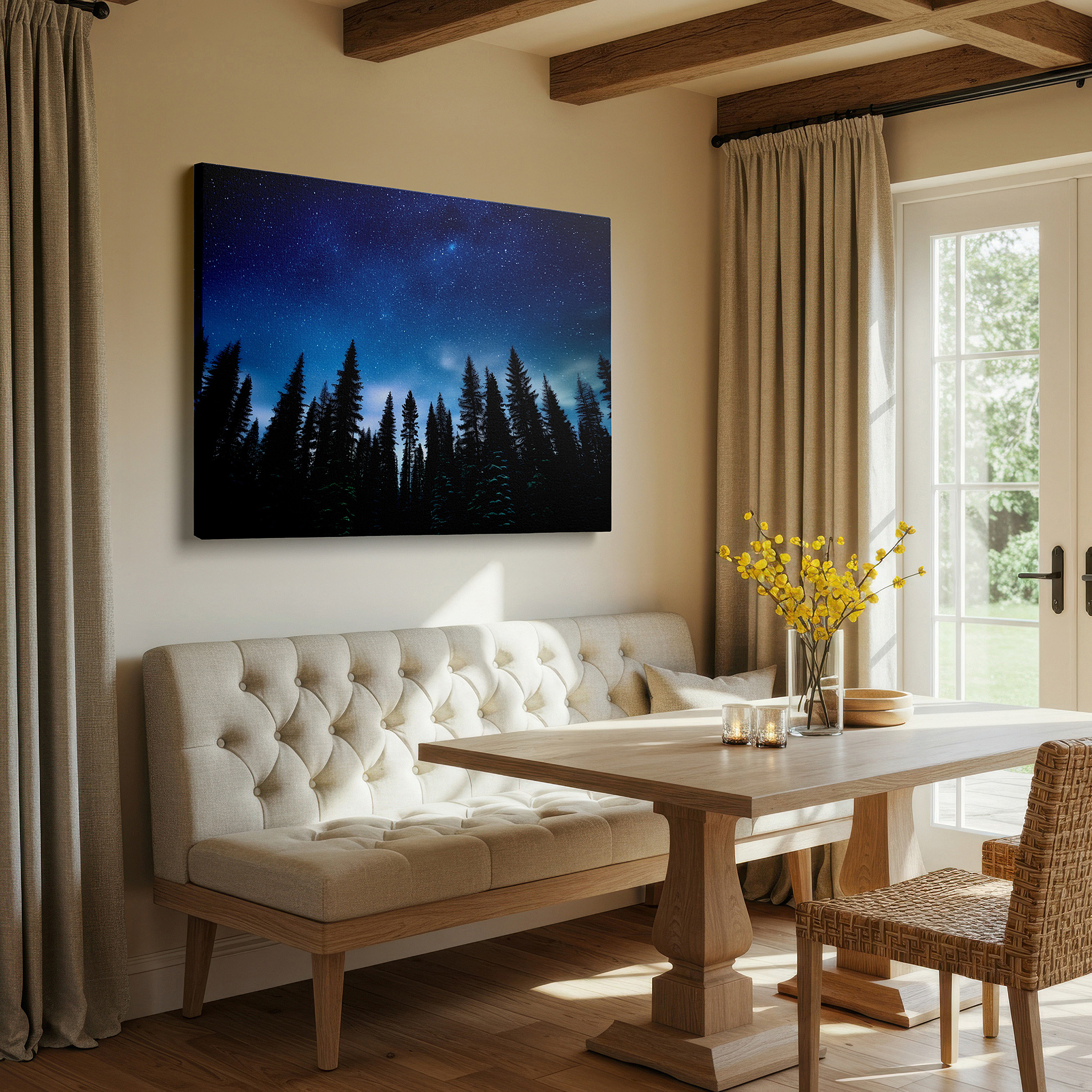 Featured in a dining room with dark wood furniture and candlelight — starry night with majestic pine silhouettes large canvas wall art for office and bedroom decor