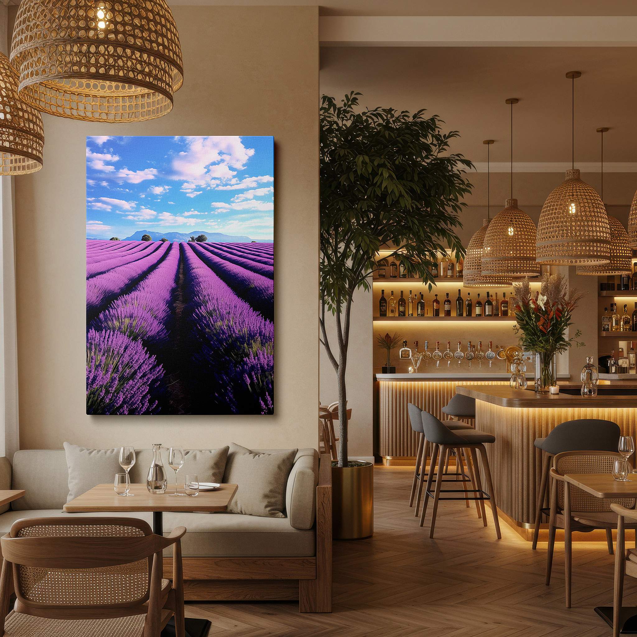 Featured in a dining room with dark wood furniture and candlelight — sunlit lavender fields, tranquil nature large canvas wall art for office, bedroom, and living room decor