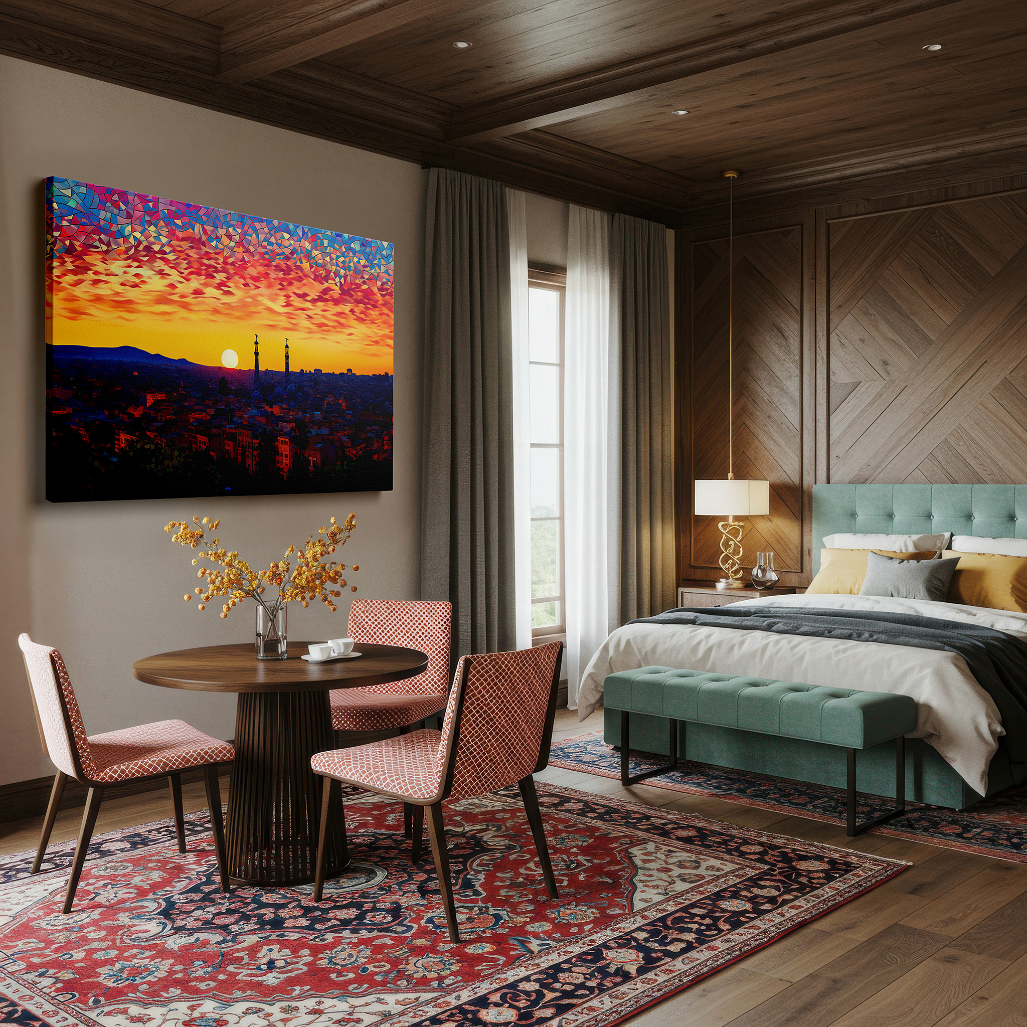 Featured in a dining room with dark wood furniture and candlelight — sunset and city skyline canvas with mountain silhouettes - large wall art for office, bedroom, and living room decor