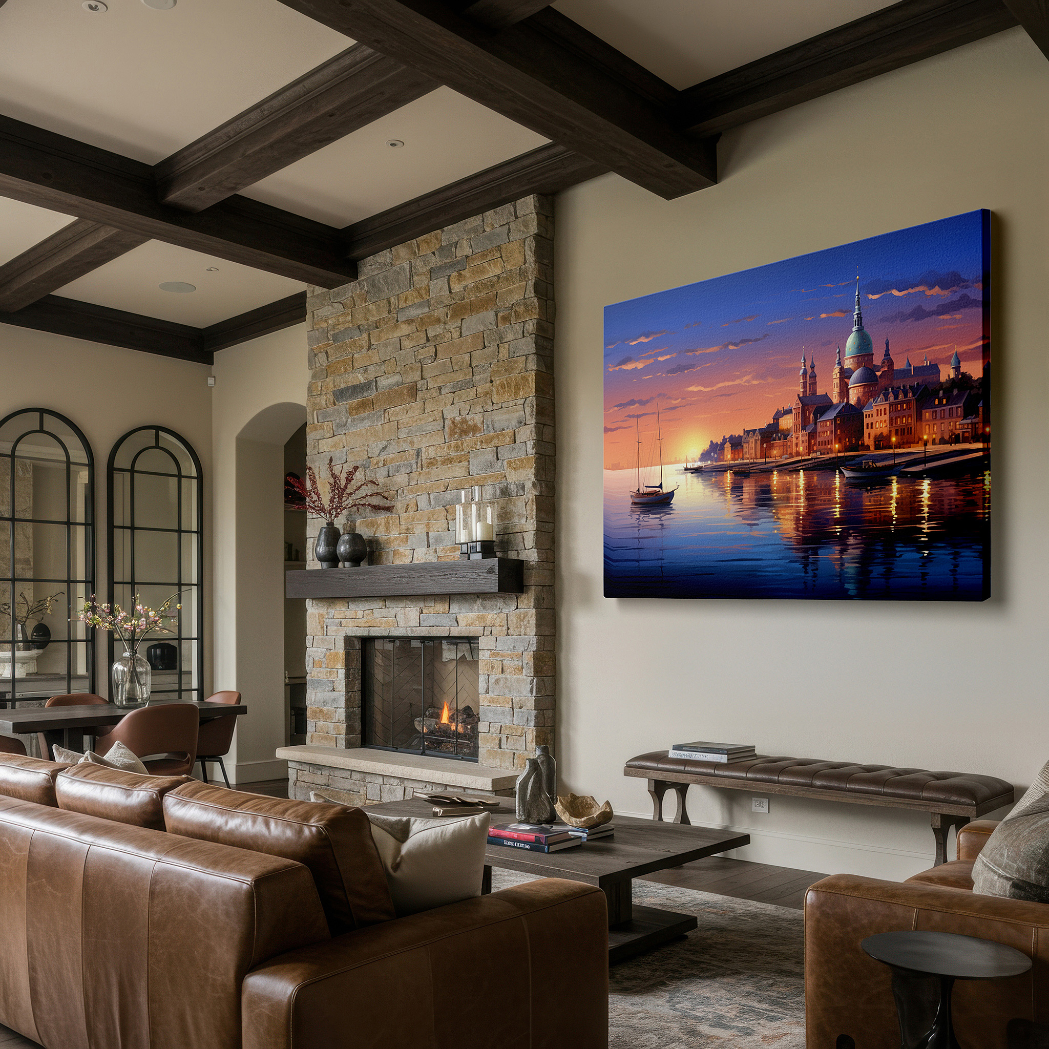 Featured in a dining room with dark wood furniture and candlelight — sunset embrace over tranquil waters and historic shores: large canvas wall art for office, bedroom, and living room decor