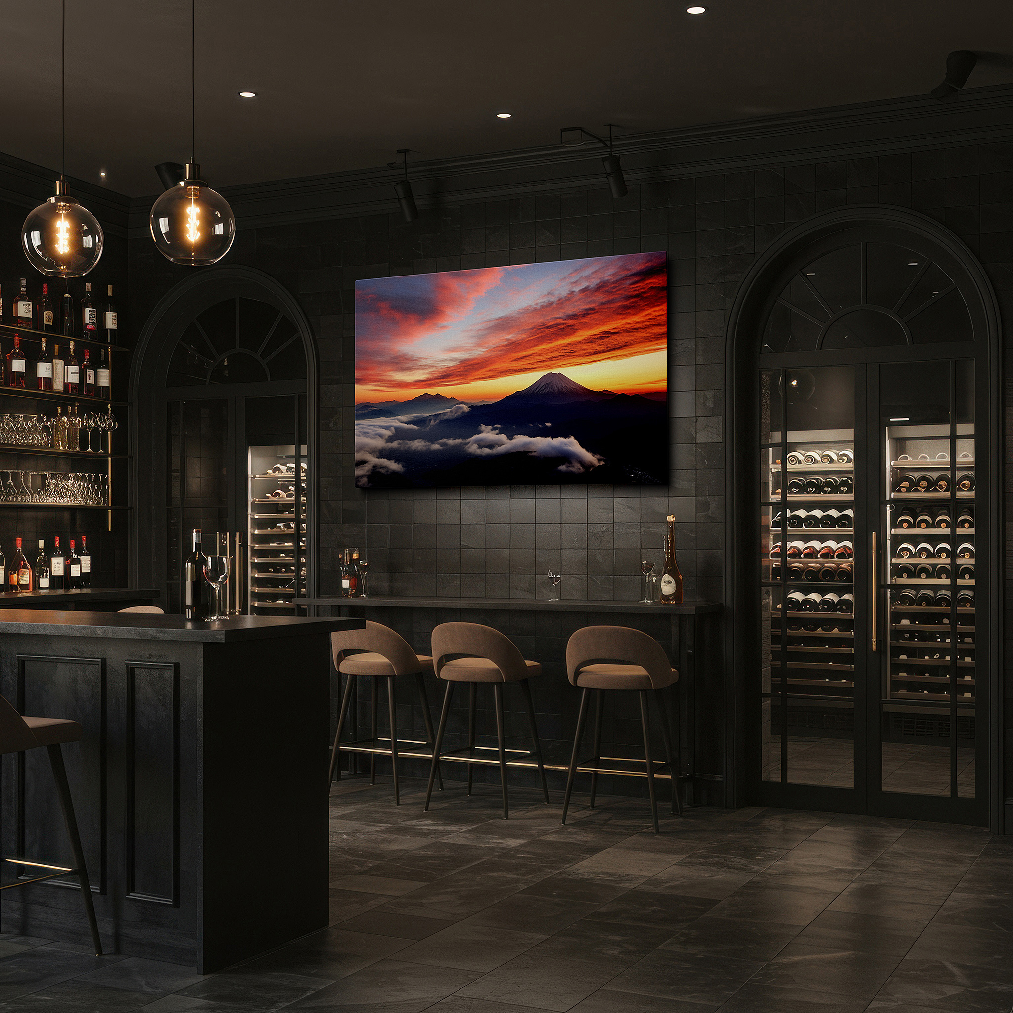 Featured in a dining room with dark wood furniture and candlelight — sunset over majestic mount fuji, large wall art featuring vibrant oranges and purples, canvas wall art for office and bedroom decor