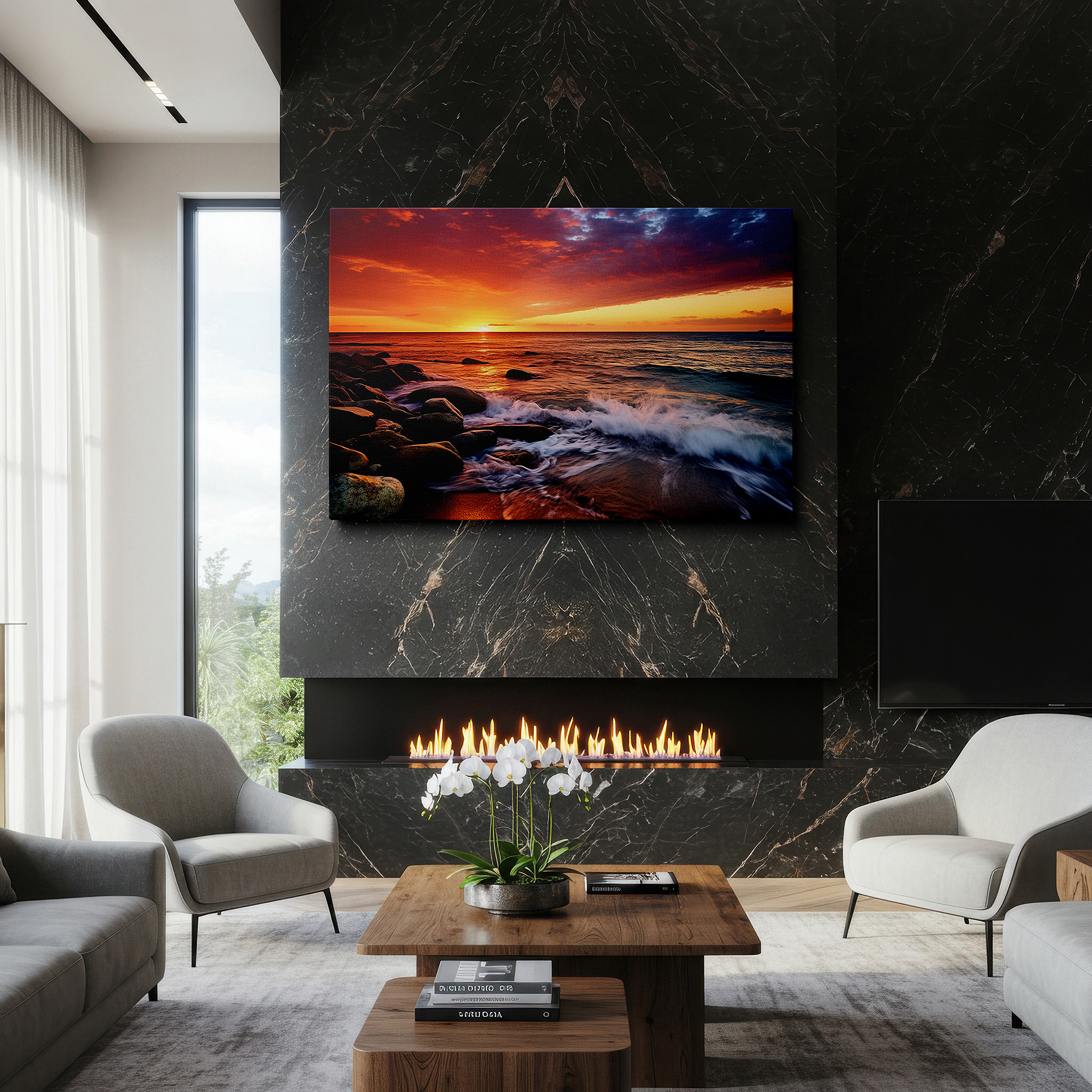 Featured in a dining room with dark wood furniture and candlelight — sunset serenade over tranquil seas, large canvas wall art by sandy shores with rocky accents, ideal for office and bedroom decor