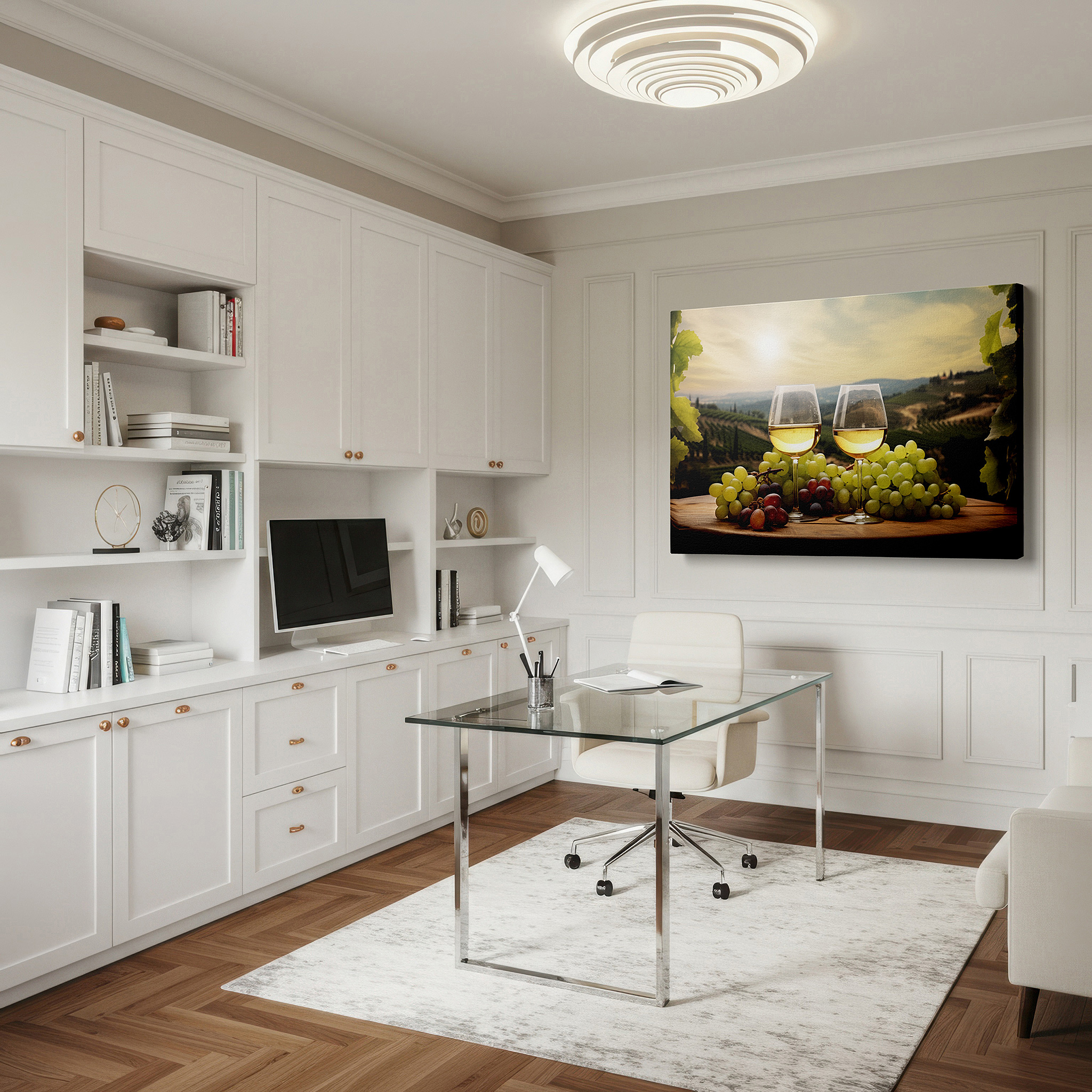Featured in a dining room with dark wood furniture and candlelight — sunset serenity over vineyard large canvas wall art with white wine toast, perfect for office, bedroom, or living room decor