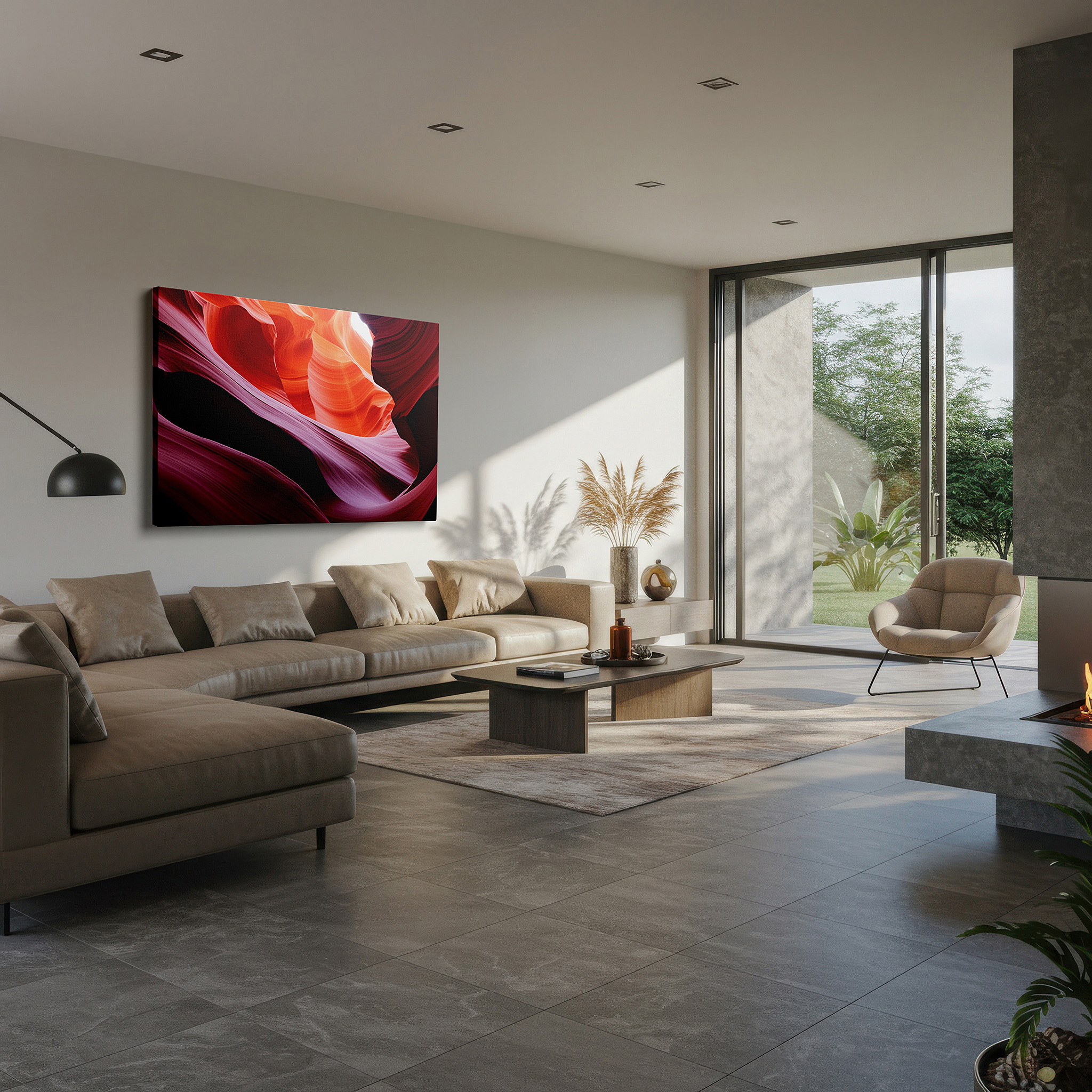 Featured in a dining room with dark wood furniture and candlelight — swirling oranges and reds: a visual symphony of passion and vitality - large canvas wall art for office decor