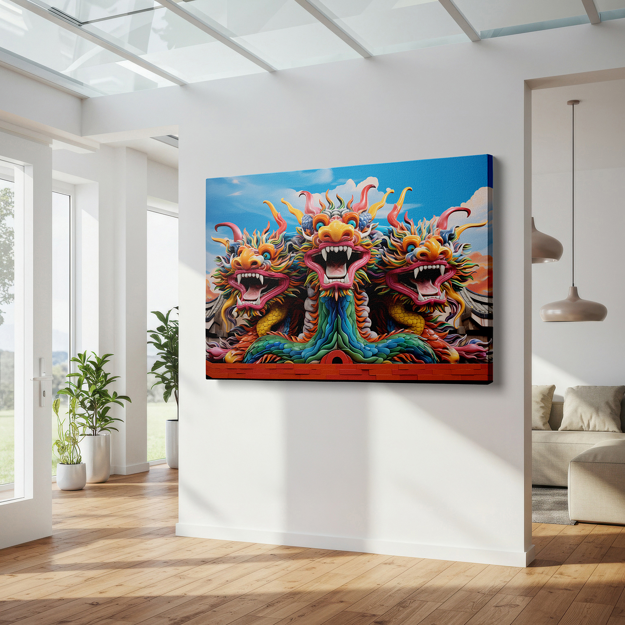 Featured in a dining room with dark wood furniture and candlelight — three-headed dragon wall art: a majestic and symbolic representation of asian mythology, ideal for home and office decor, available as large canvas wall art