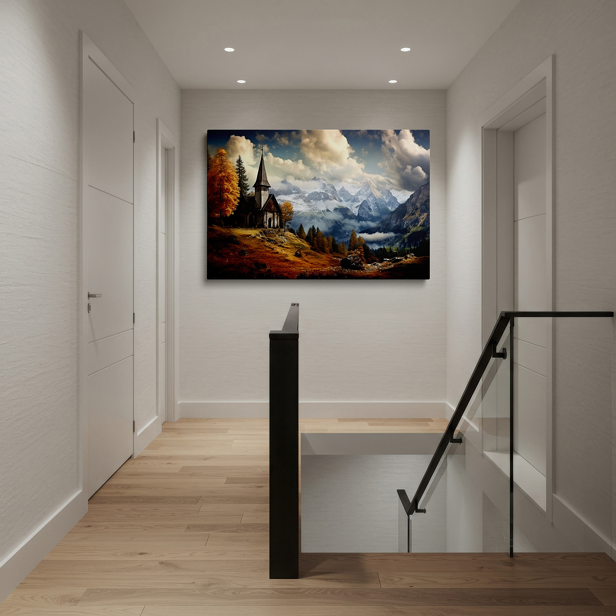 Featured in a dining room with dark wood furniture and candlelight — tranquil landscape featuring autumn trees and snow-capped mountains, peaceful church sanctuary large wall art, canvas wall art, wall decor for office