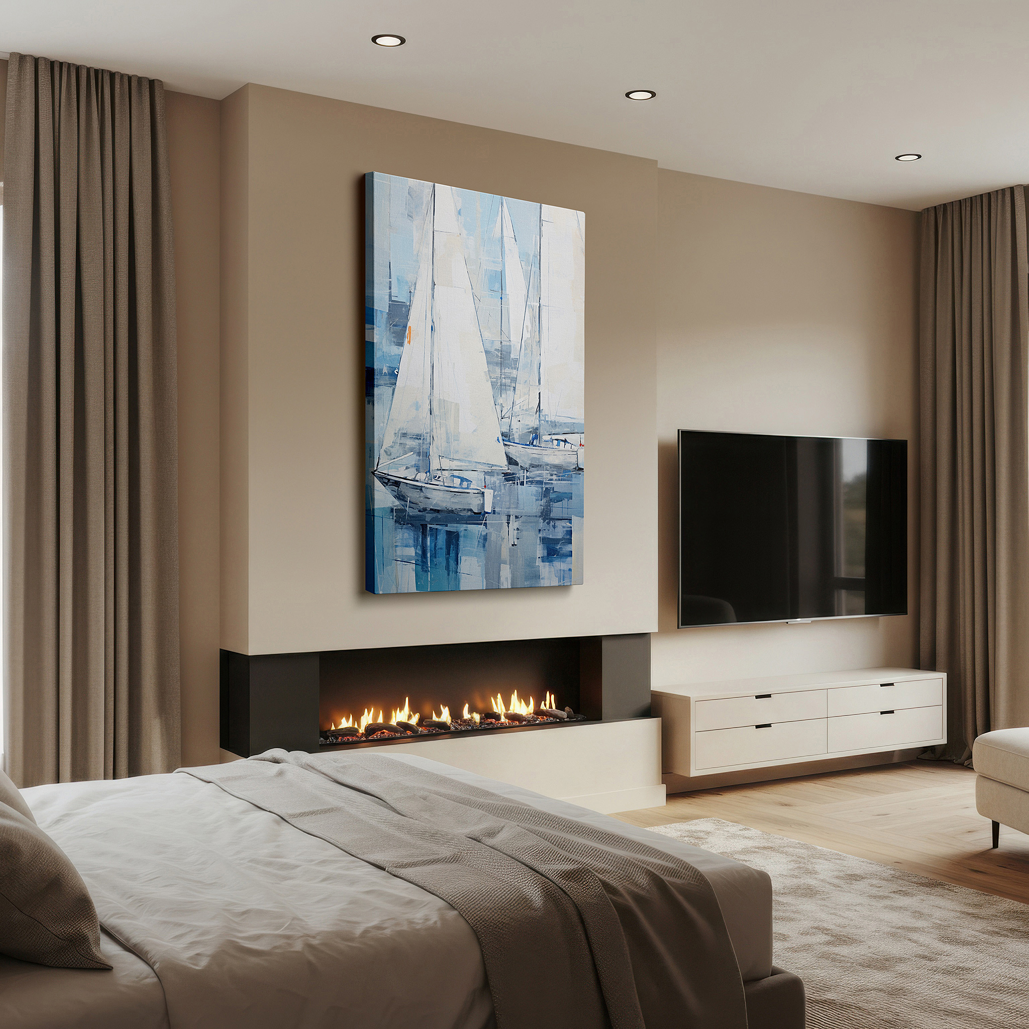 Featured in a dining room with dark wood furniture and candlelight — tranquil sailing adventure - serene nautical large wall art, canvas decor for office and bedroom