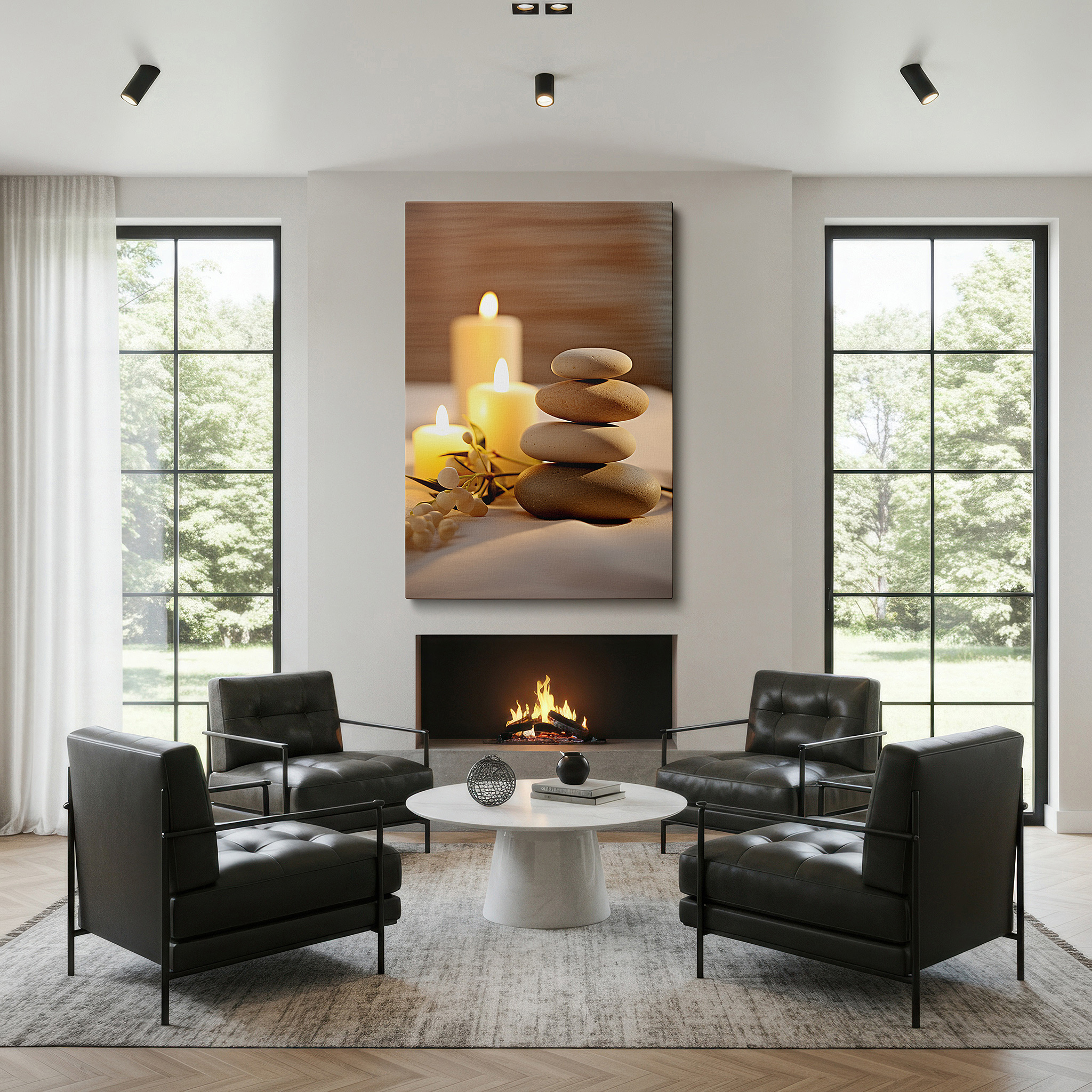 Featured in a dining room with dark wood furniture and candlelight — tranquil stones and candlelight wall art: a symbol of balance and inner peace - large canvas art for office and bedroom decor