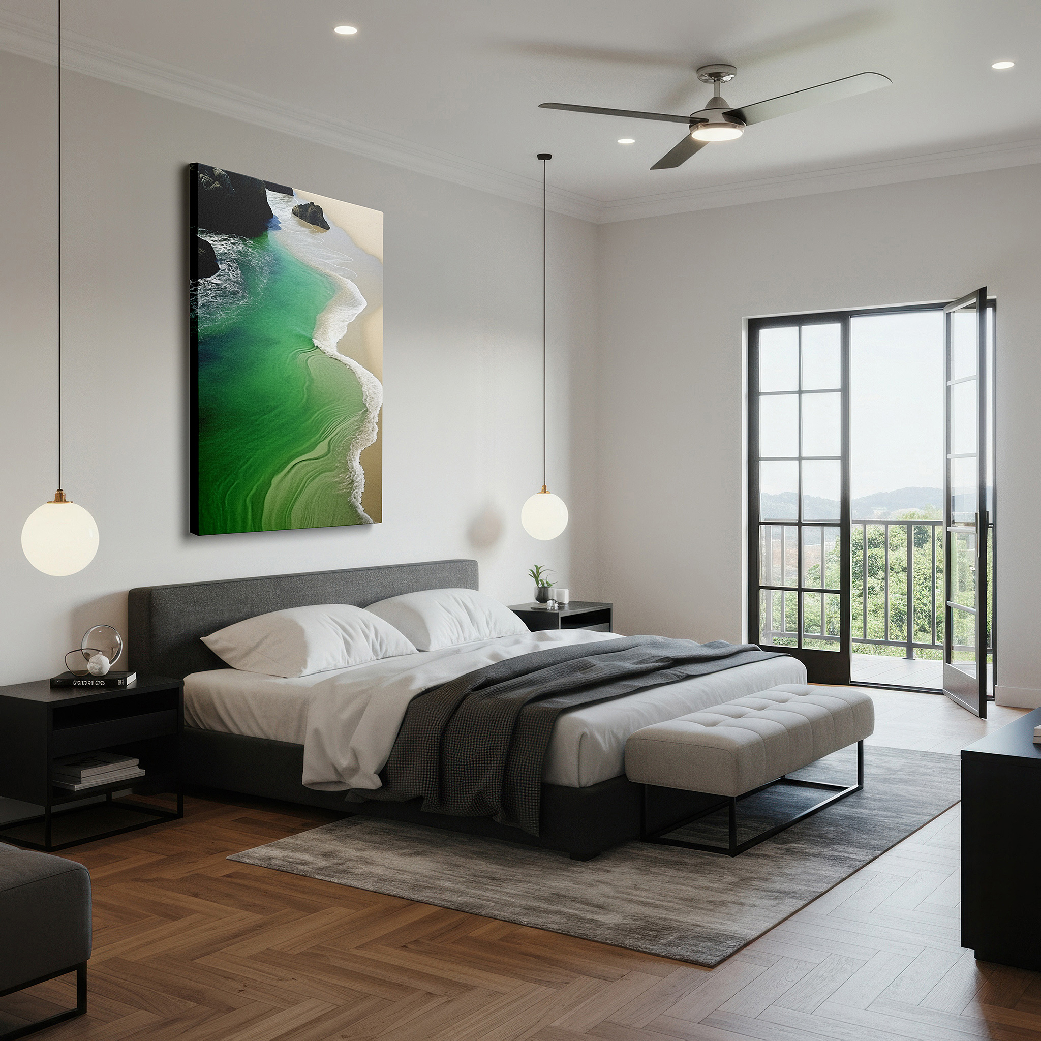 Featured in a dining room with dark wood furniture and candlelight — turquoise waves and sandy shores beneath a golden sky: large canvas wall art for office, bedroom, and living room decor