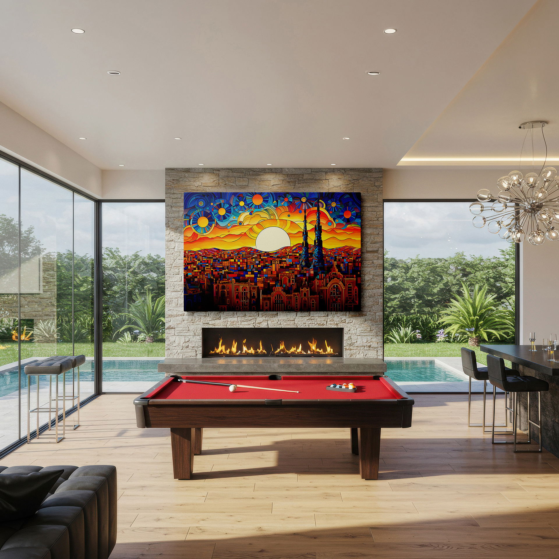 Featured in a dining room with dark wood furniture and candlelight — urban sunset in stained glass: a cityscape of light and color - large wall art, canvas wall art, wall decor for office and bedroom