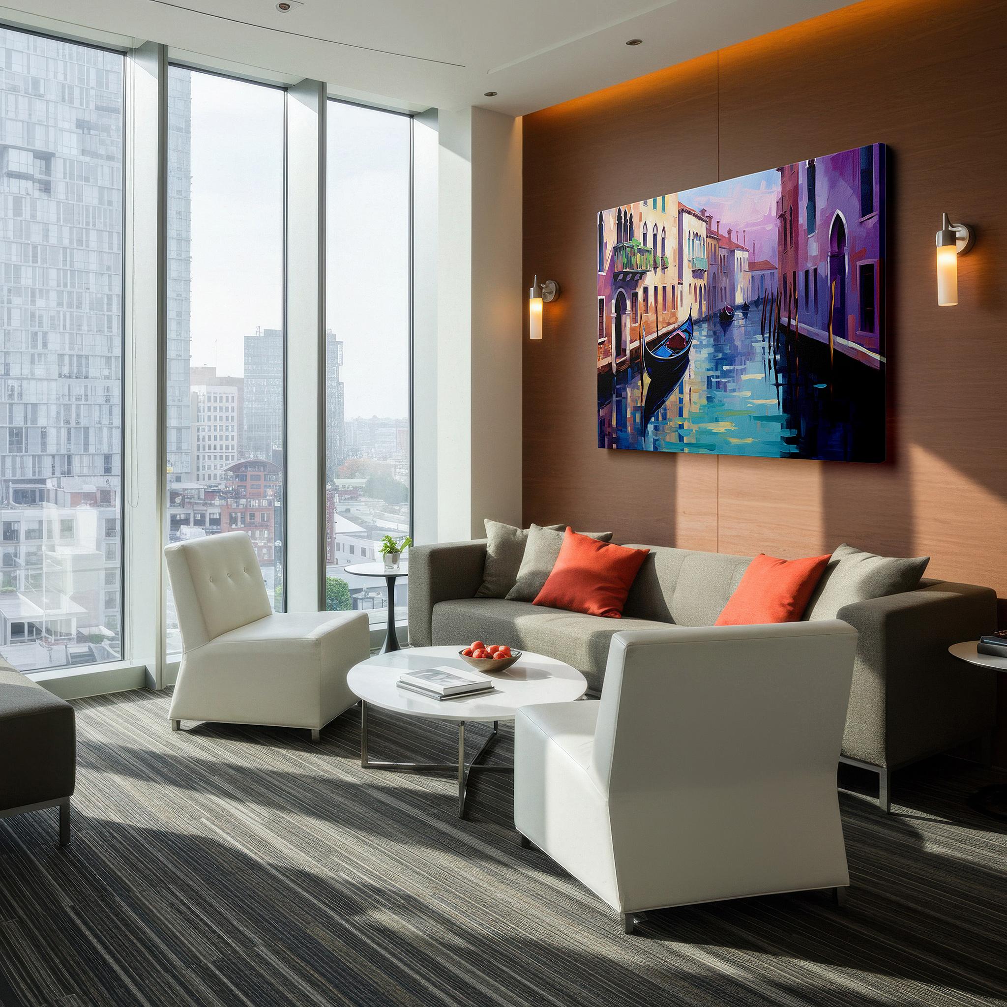Featured in a dining room with dark wood furniture and candlelight — venetian canal scene: serene water reflections and vibrant buildings - large canvas wall art for office and bedroom decor