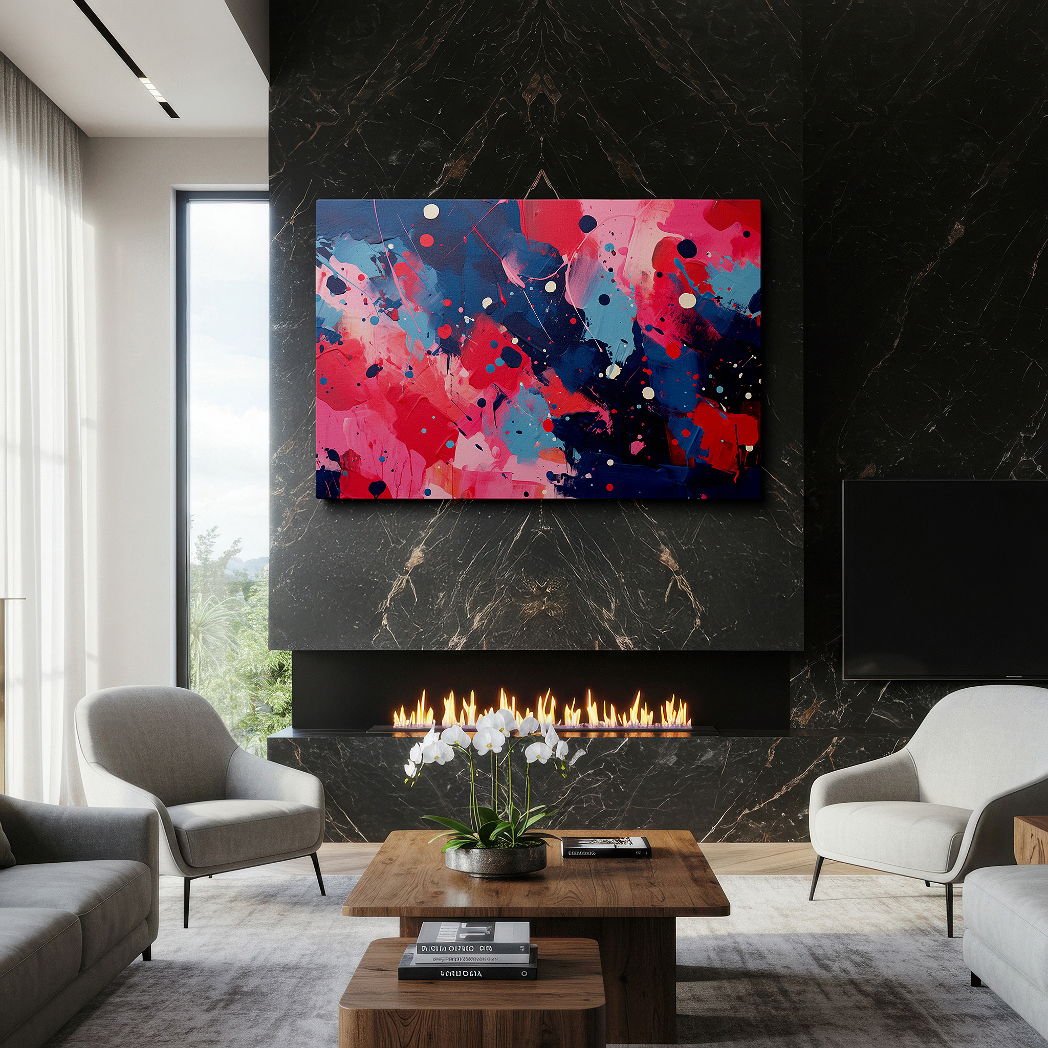 Featured in a dining room with dark wood furniture and candlelight — vibrant abstract masterpiece featuring bright pinks, rich blues, and pure whites - large canvas wall art for home and office decor