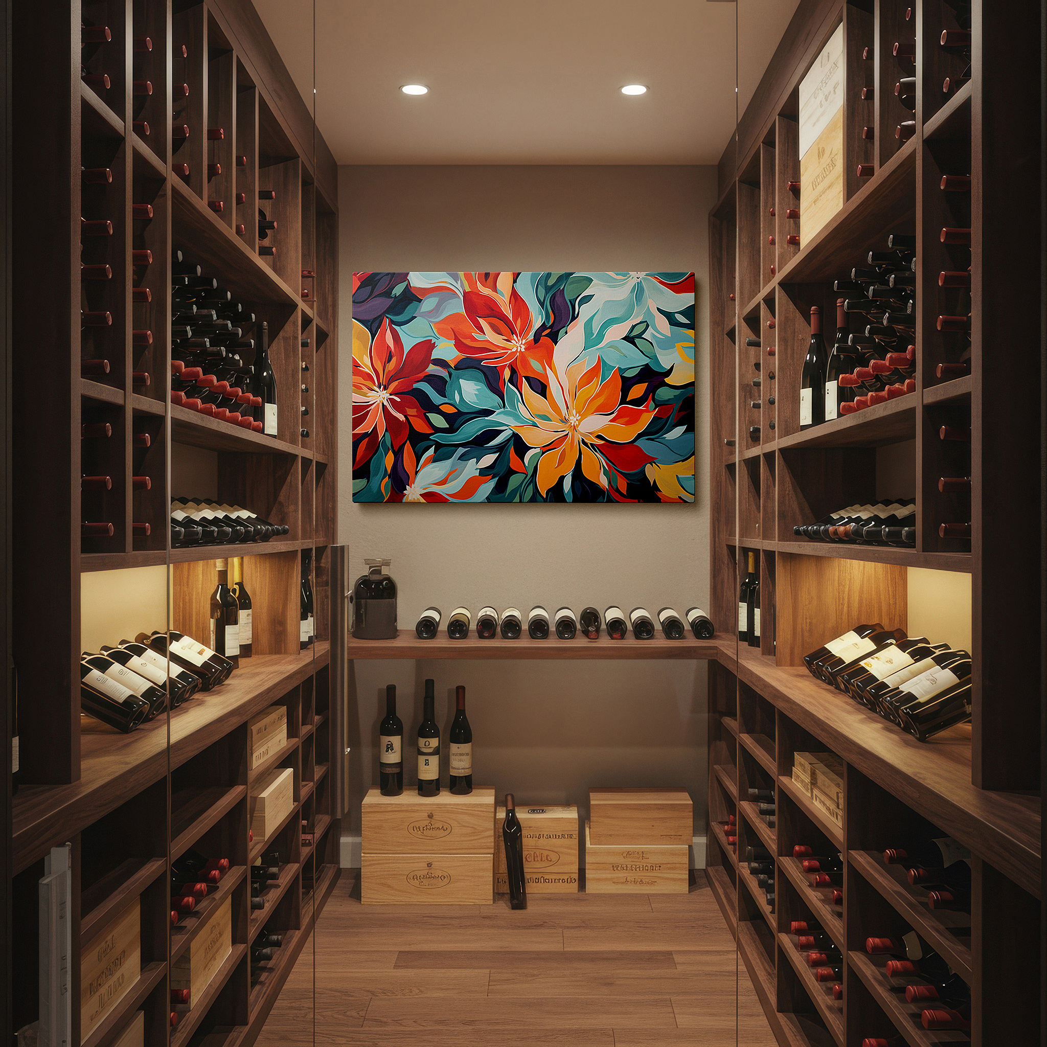 Featured in a dining room with dark wood furniture and candlelight — vibrant floral symphony wall art in red, orange, and teal - large canvas for office, bedroom, and living room decor