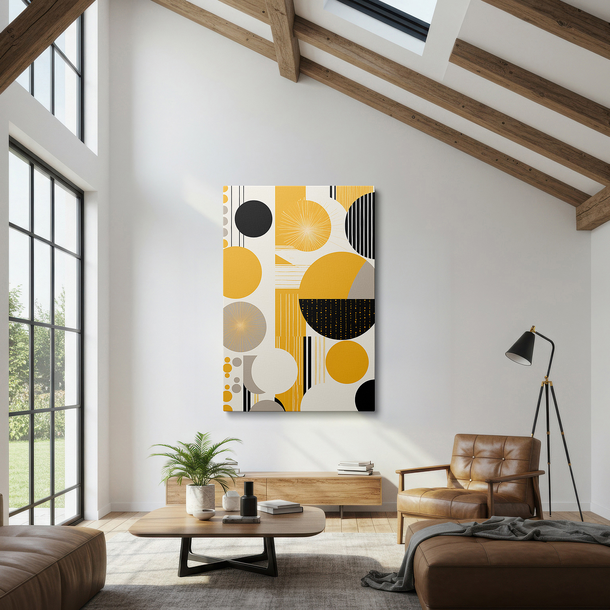 Featured in a dining room with dark wood furniture and candlelight — vibrant interaction of geometric forms in striking yellow and rich black hues, oversized wall art, canvas art, home and office decor, bedroom wall art