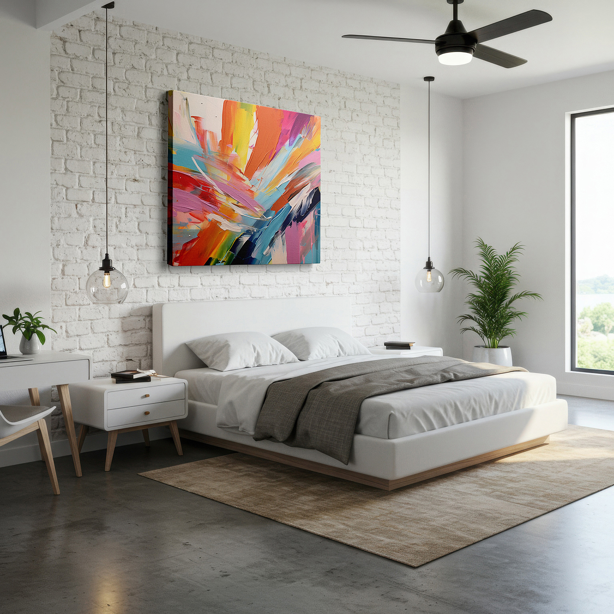 Featured in a dining room with dark wood furniture and candlelight — a vibrant symphony of colors: abstract expression through emotional and visual journeys, featuring large canvas wall art decor