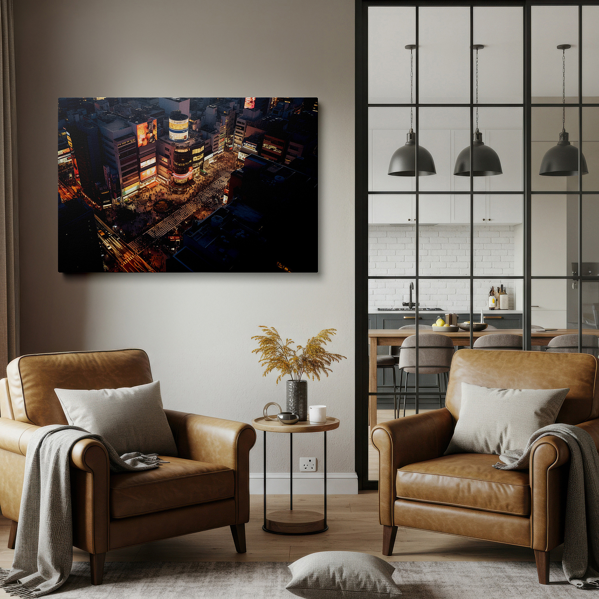 Featured in a dining room with dark wood furniture and candlelight — vibrant urban intersection at night - a symphony of lights and life: large wall art, canvas, decor for office and bedroom
