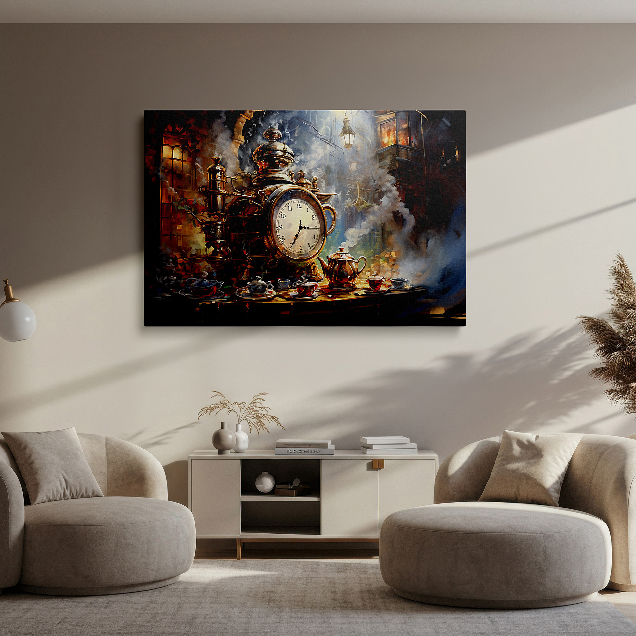 Featured in a dining room with dark wood furniture and candlelight — victorian still life wall art: featuring a steam clock and tea set - large canvas art for home and office decor, perfect for living room and bedroom
