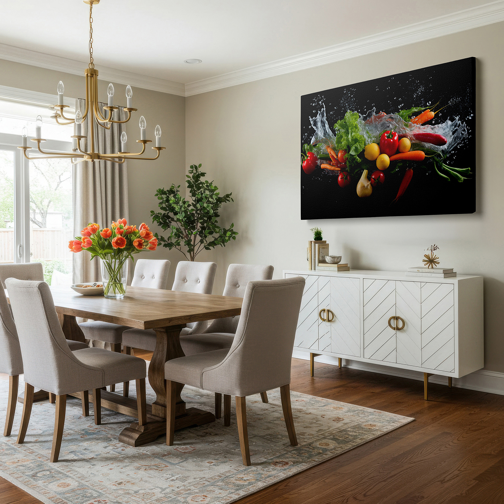 Featured in a dining room with dark wood furniture and candlelight — wall art: celebrating freshness with vibrant vegetables and sparkling water droplets - large canvas wall art for office and bedroom decor