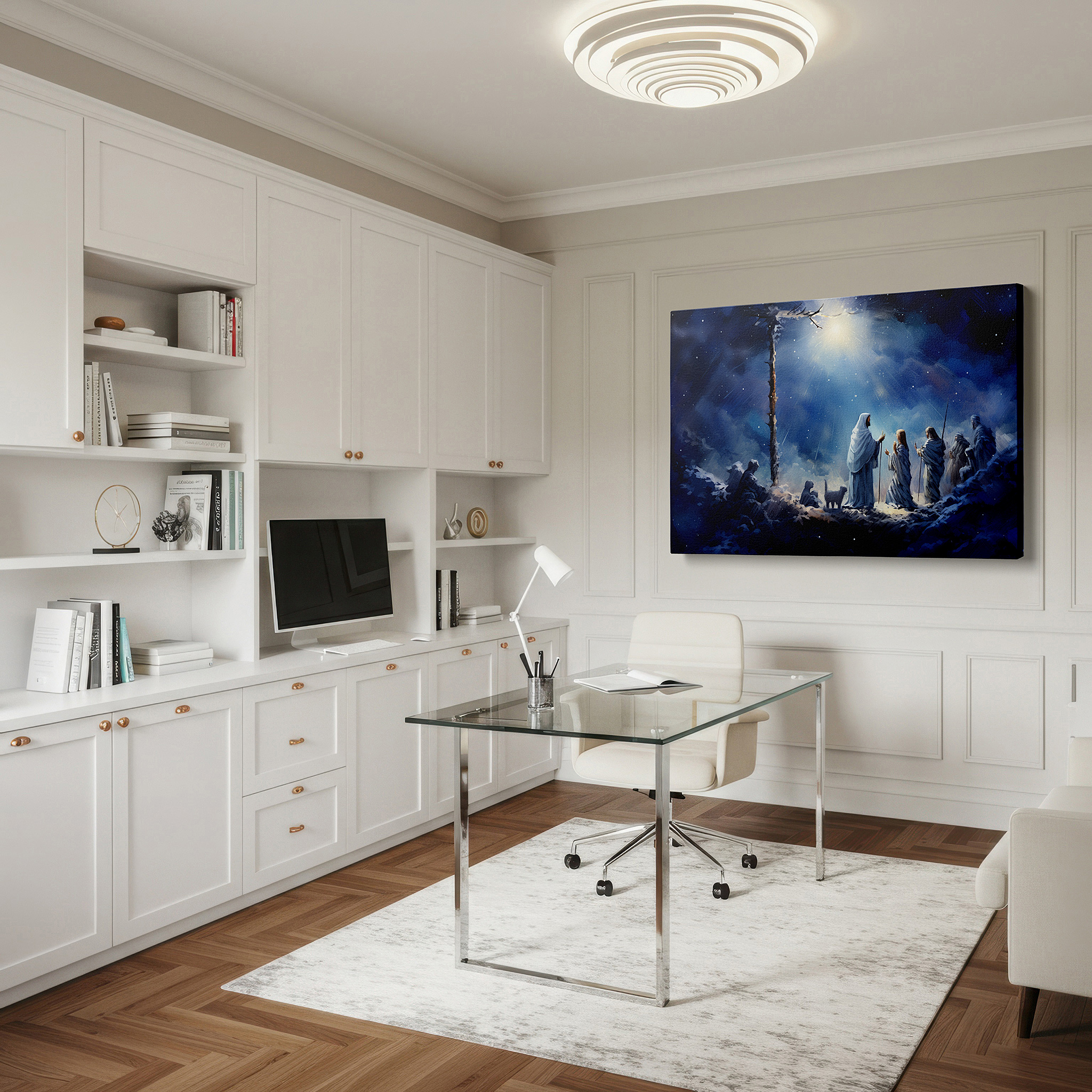 Featured in a dining room with dark wood furniture and candlelight — wall art: divine entities and cosmic landscapes - exploring spirituality and mystical unity. large canvas wall art for home and office decor.