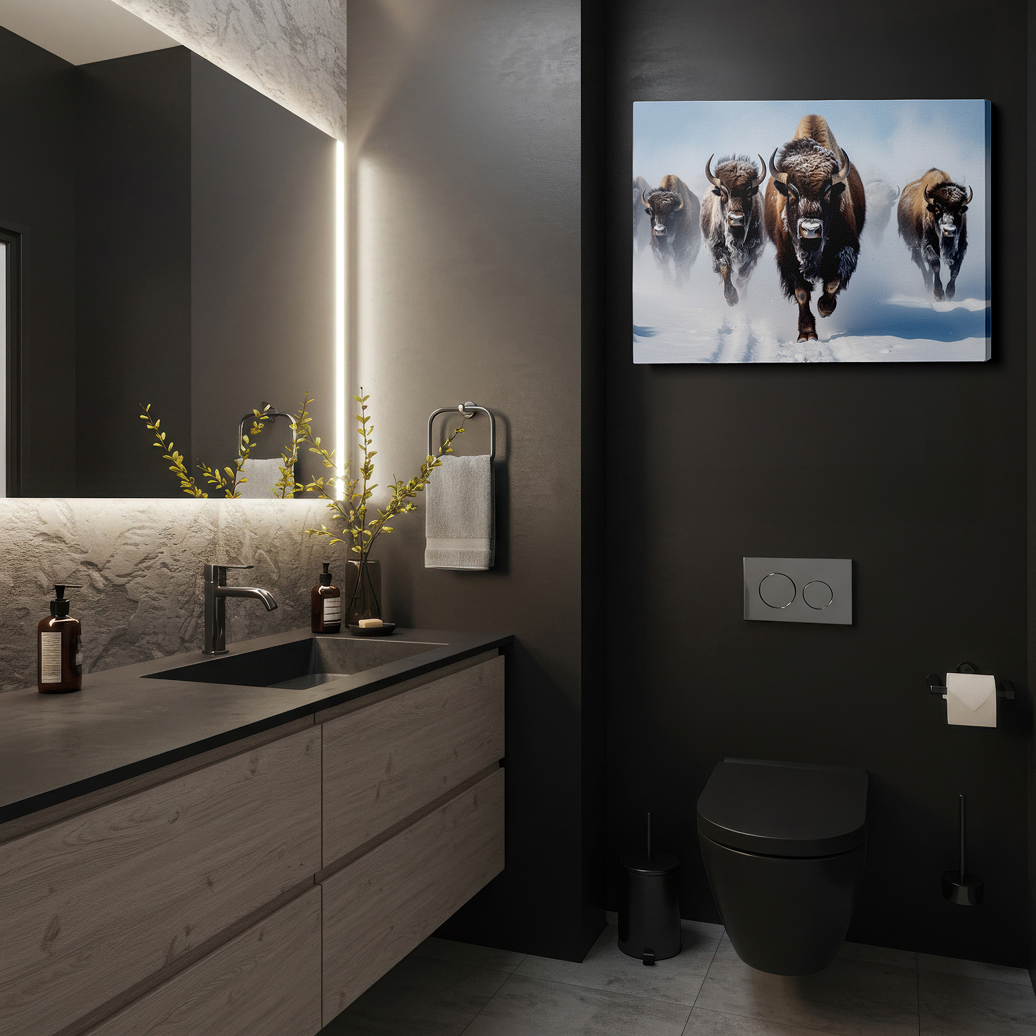 Featured in a dining room with dark wood furniture and candlelight — wall art: dynamic bison charge across snow-covered plains - large canvas wall art for office, bedroom, and living room decor