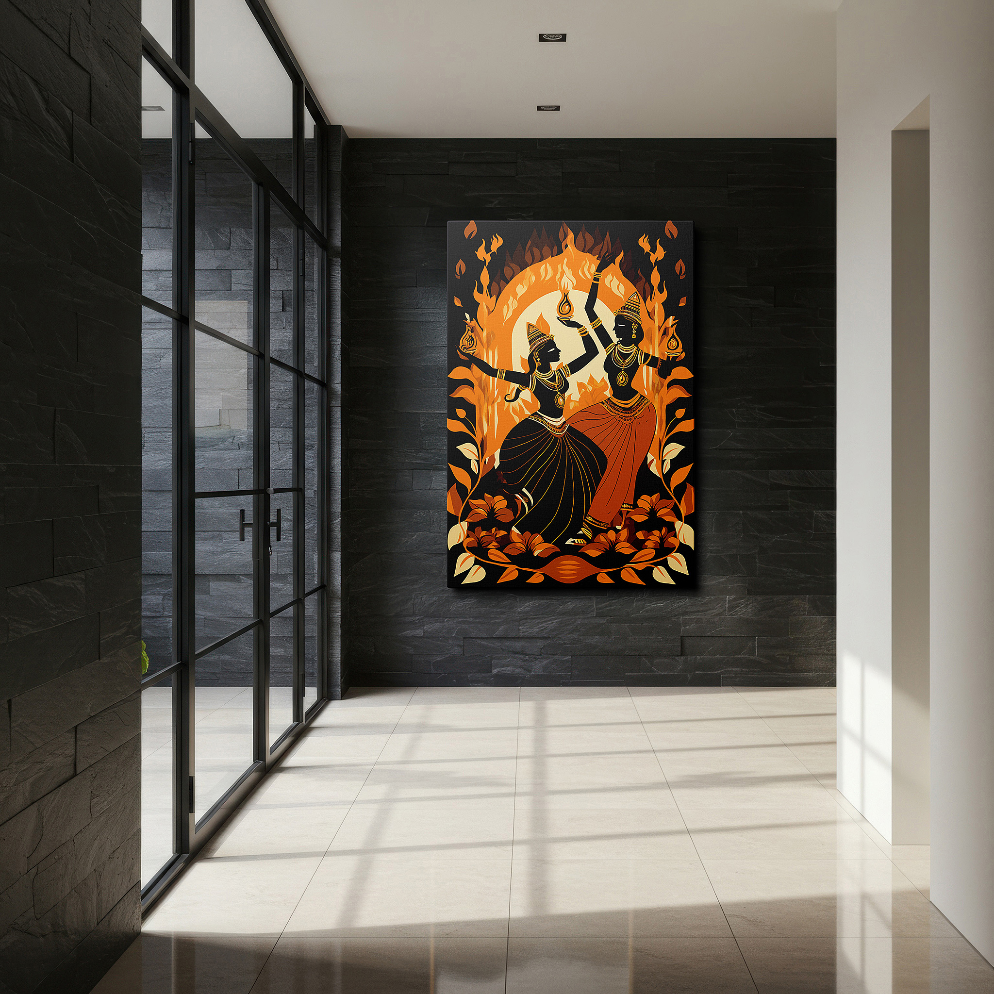 Featured in a dining room with dark wood furniture and candlelight — wall art: majestic display of goddesses dancing among flames and flowers, celebrating life and culture - large canvas art for home and office decor