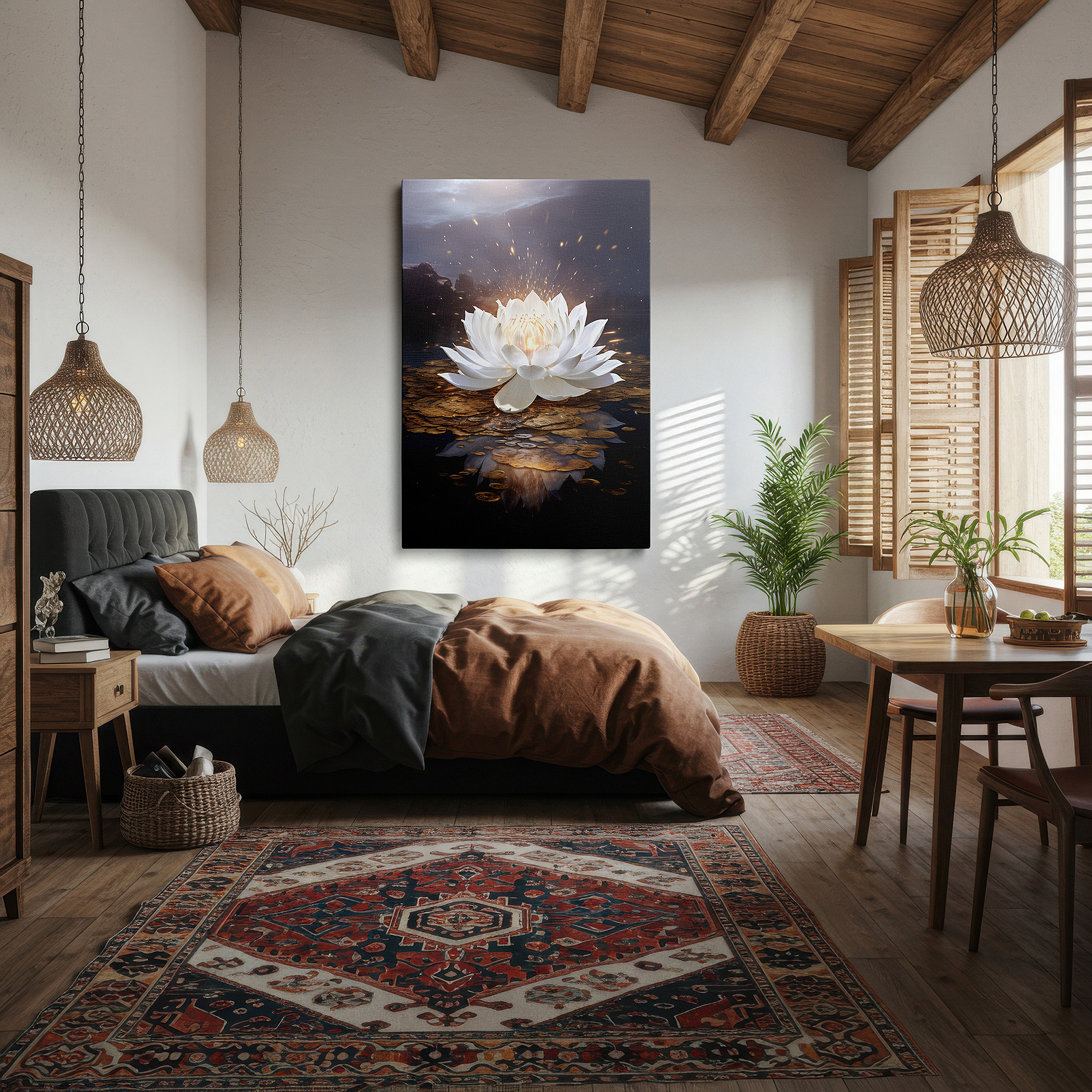 Featured in a dining room with dark wood furniture and candlelight — wall art: majestic white lotus symbolizing purity and enlightenment - large canvas wall art for office, bedroom, and living room decor