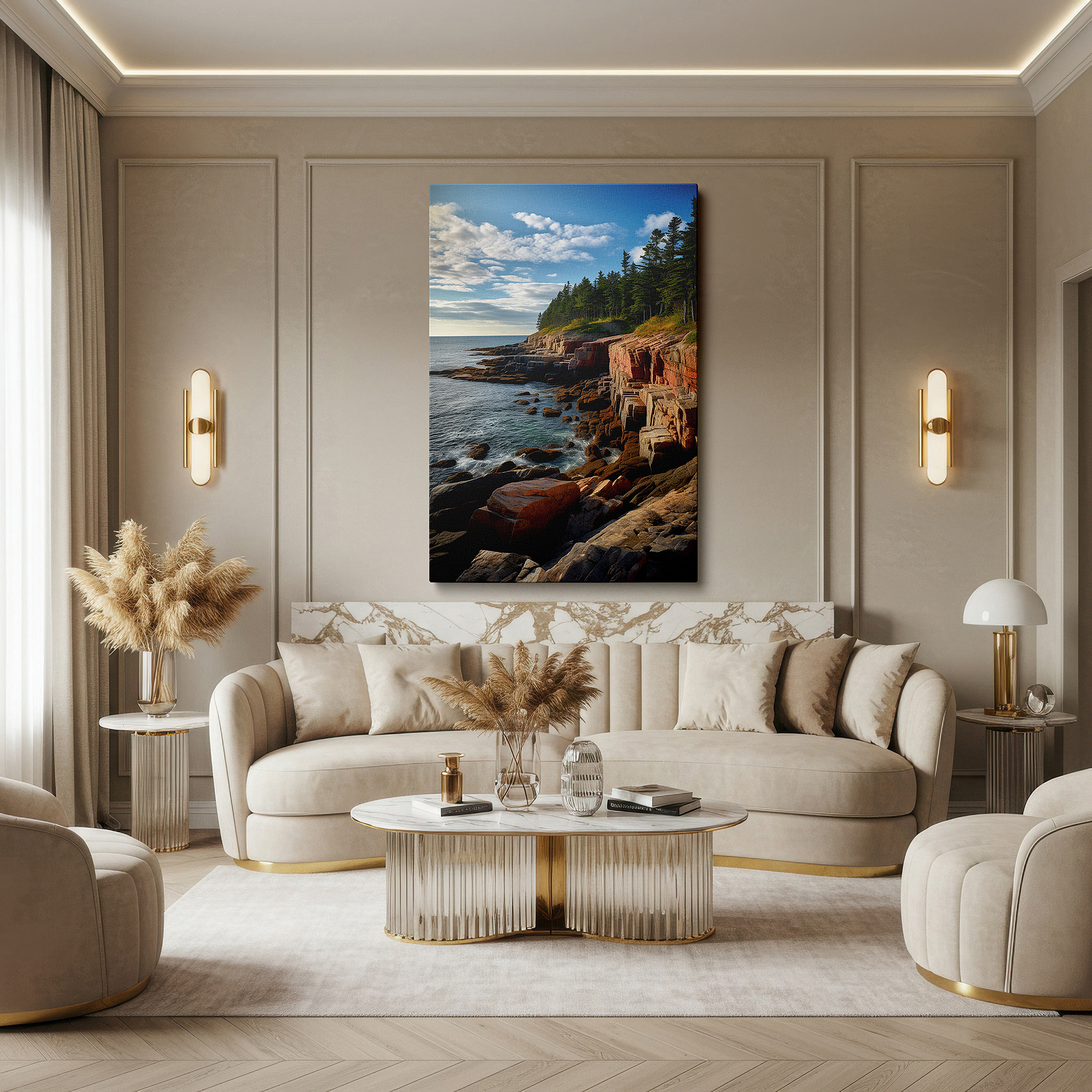 Featured in a dining room with dark wood furniture and candlelight — wall art: stunning interplay of earth and water, coastal rocks with lush forests large canvas art, home and office decor, bedroom wall art