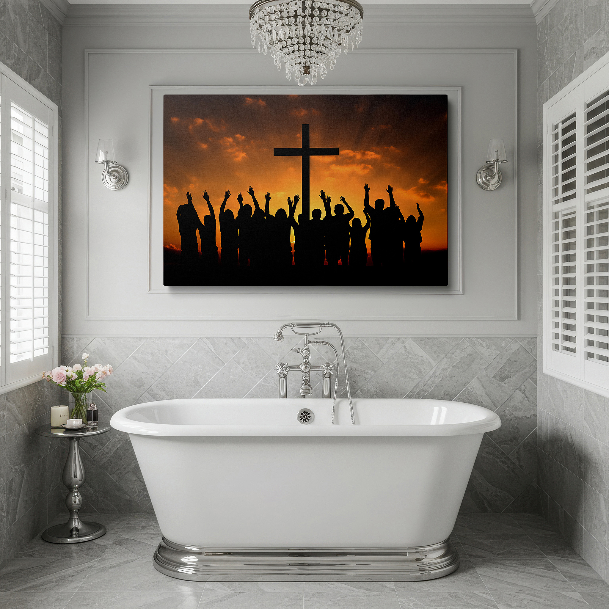 Featured in a dining room with dark wood furniture and candlelight — wall art: "sunset of hope and unity" featuring silhouetted figures around a cross - large canvas wall art for office and bedroom decor