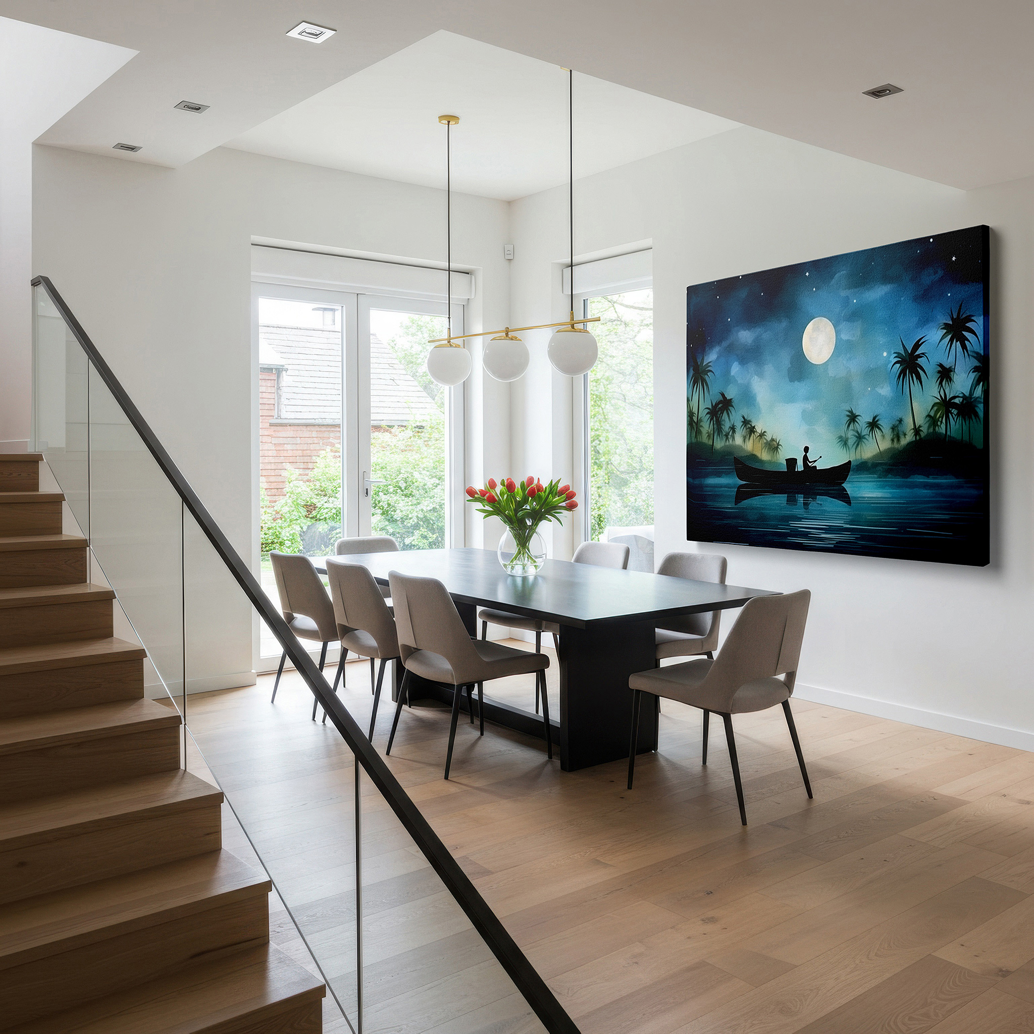 Featured in a dining room with dark wood furniture and candlelight — wall art: tranquil canoe trip beneath the stars, capturing solitude and awe - large canvas wall art for office and bedroom decor