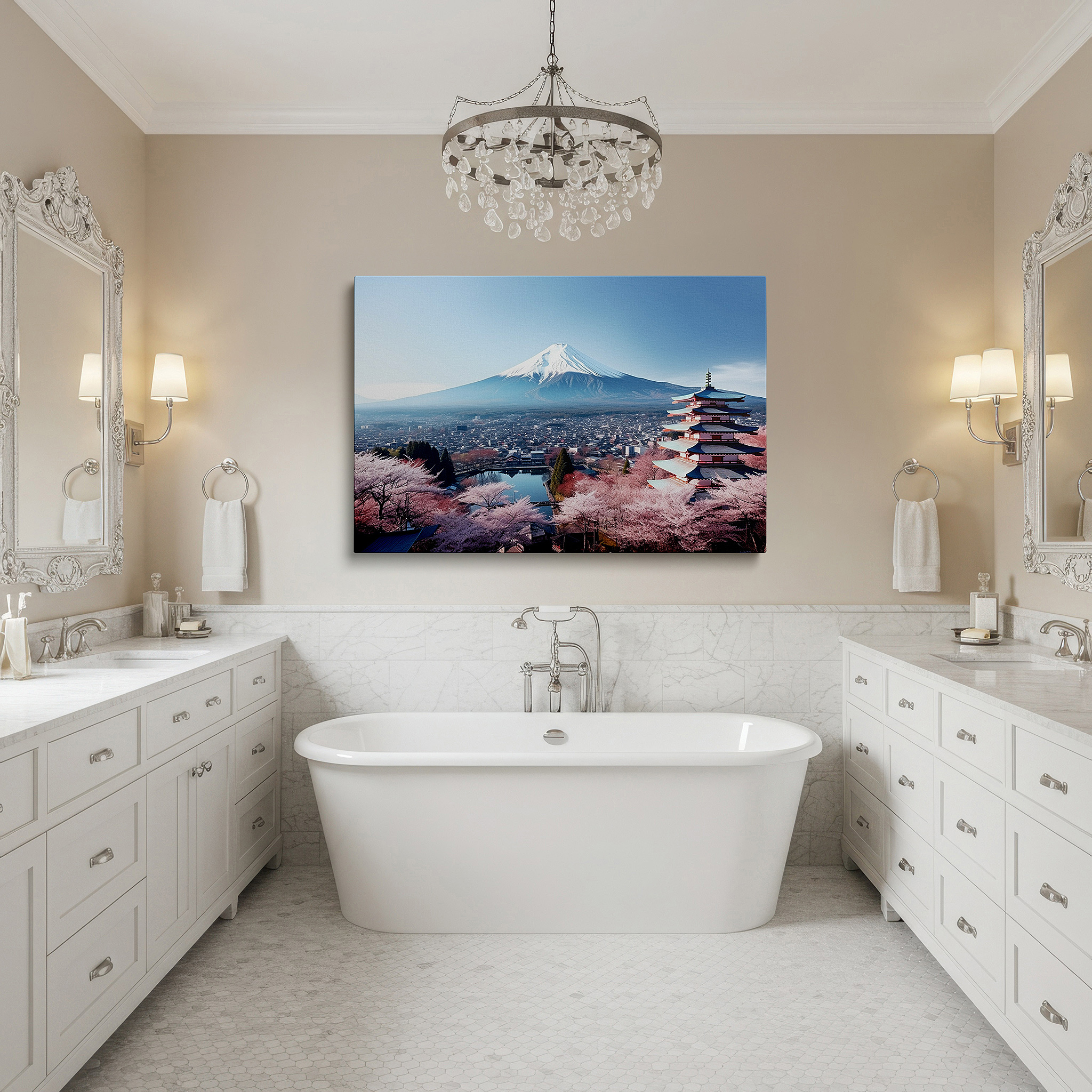 Featured in a dining room with dark wood furniture and candlelight — wall art: tranquil japanese spring scene featuring sakura in full bloom, mount fuji, and traditional pagoda - large canvas wall art for office decor