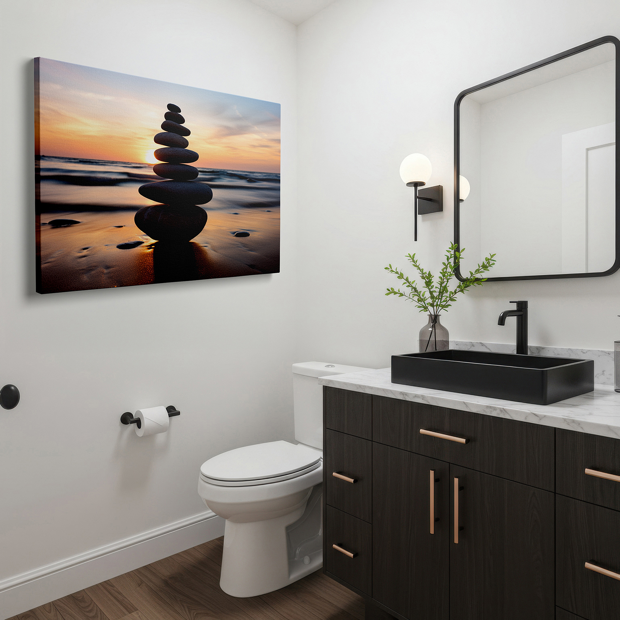 Featured in a dining room with dark wood furniture and candlelight — wall art: tranquil oasis featuring pebbles silhouetted against a fiery sunset, representing balance and serenity - large canvas wall art for home and office decor