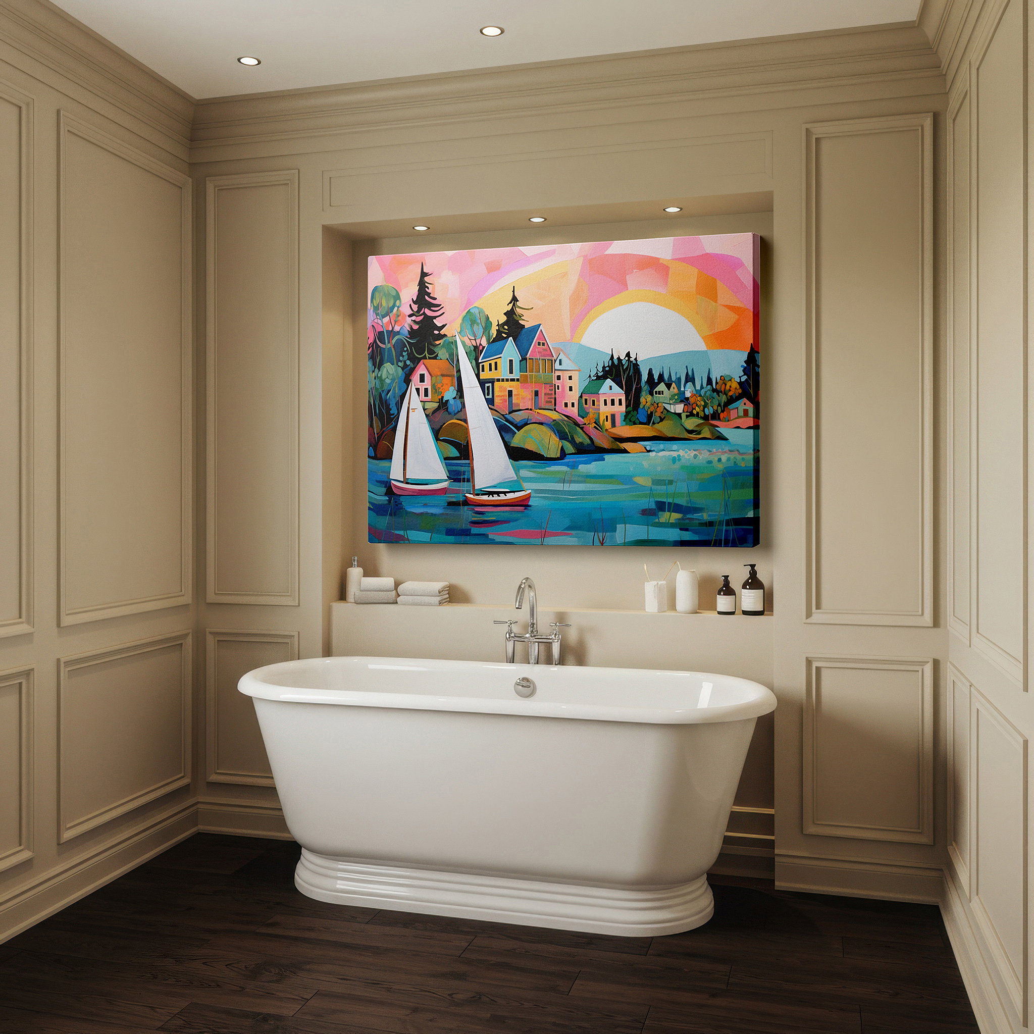 Featured in a dining room with dark wood furniture and candlelight — wall art: tranquil seaside landscape featuring sailboats on sparkling waters, vibrant coastal town, and grand mountains - large canvas wall art