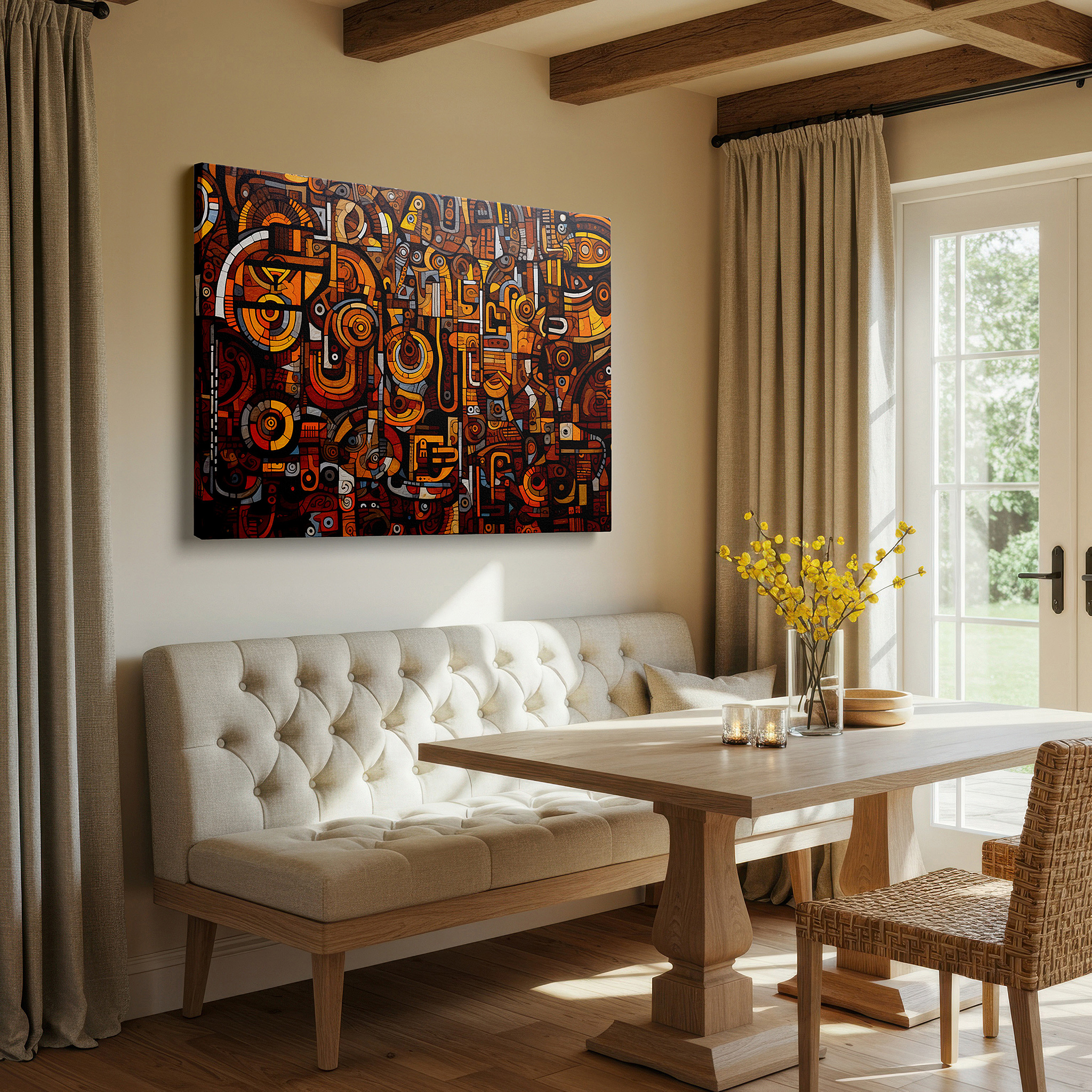 Featured in a dining room with dark wood furniture and candlelight — warm orange and brown dynamic abstract tapestry, large canvas wall art featuring movement and depth, ideal for office decor
