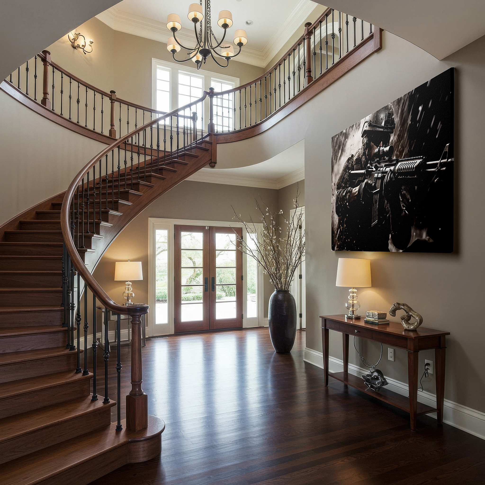 Featured in a dining room with dark wood furniture and candlelight — warrior in battle: a striking depiction of war's brutal truths and heroic alertness - large wall art, canvas wall art, wall decor, office wall art